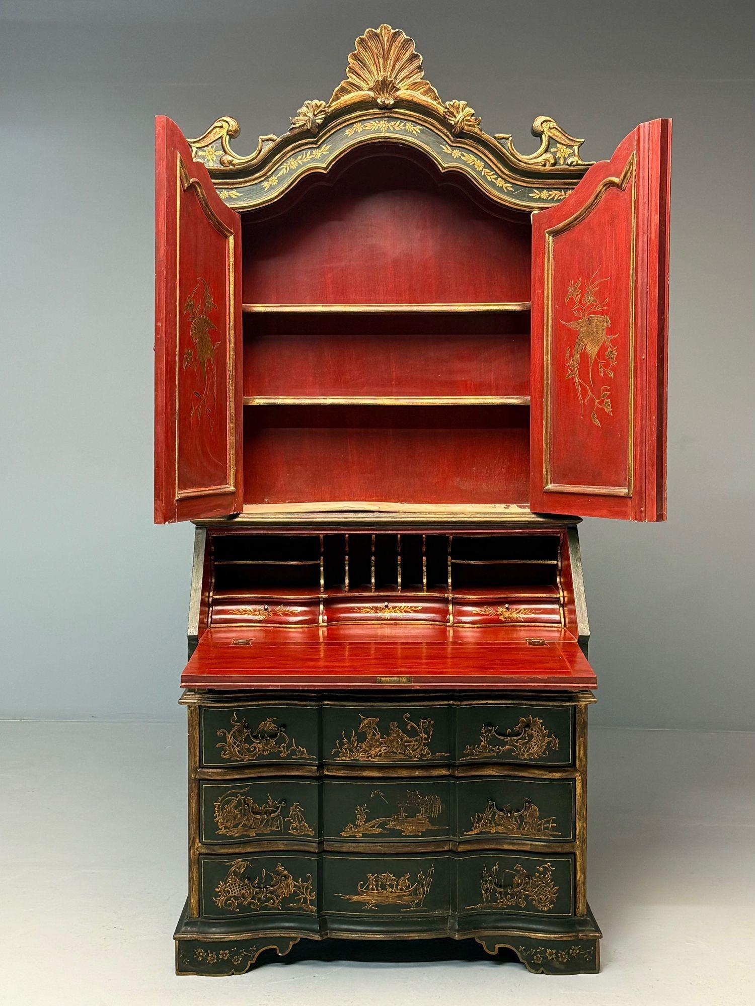 George I Style, Chinoiserie, Green-Japanned Desk, Bookcase, Parcel-Gilt, 1920s 3
