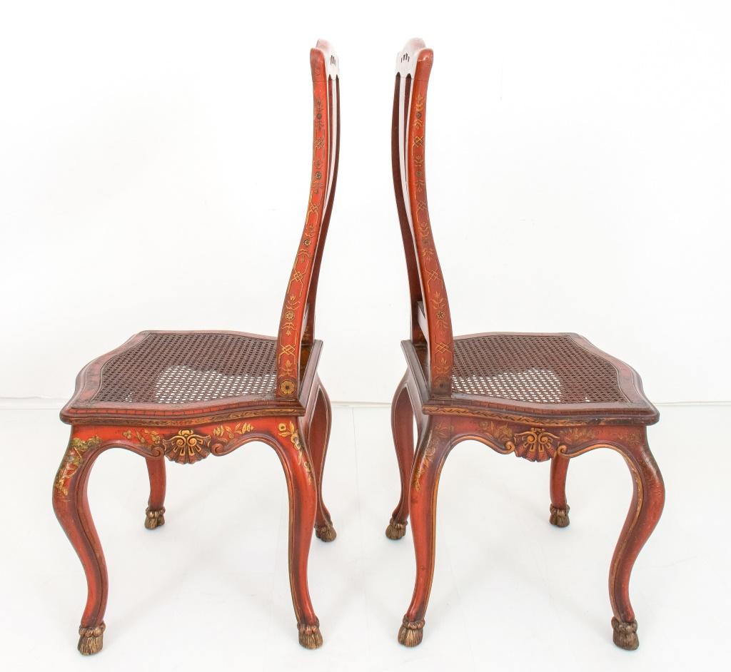Pair of George I style Japanned lacquered and caned side chairs in the manner of Giles Grendey (English, 1693-1780), with shaped crestrail above japanned backsplat between caned panels above a caned seat on decorated shaped seat rail on four