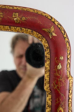 George I Style Red Lacquer and Gilt Chinoiserie Mirror with Figural Decoration