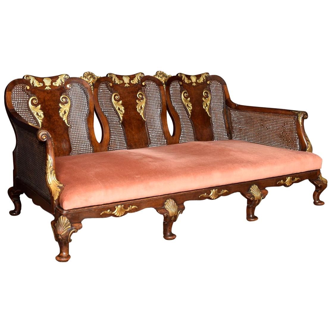 George I Style Walnut Bergère Three-Seat Sofa For Sale