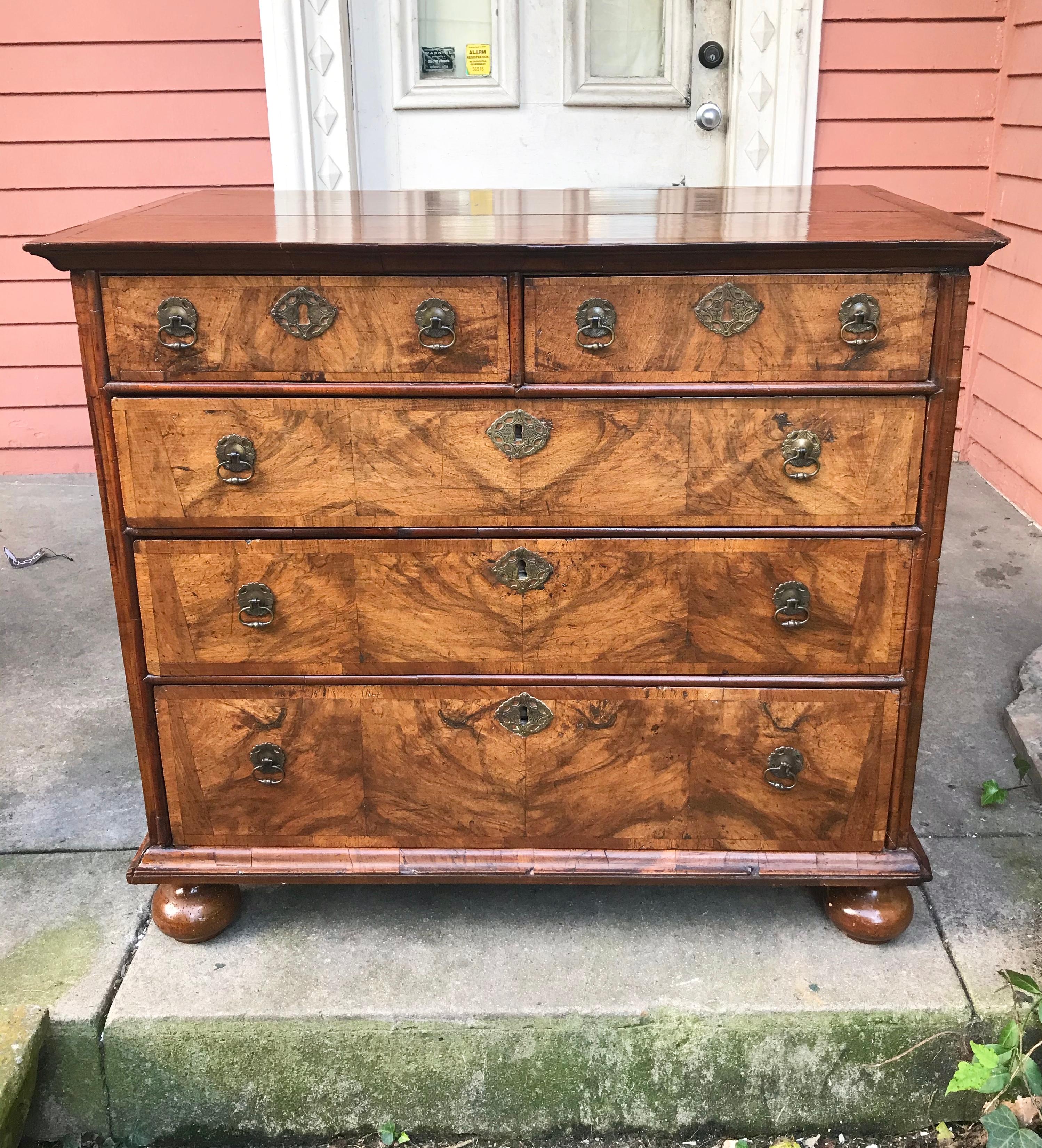 Queen Anne Transitional to George I Walnut and Walnut Burl Chest 11
