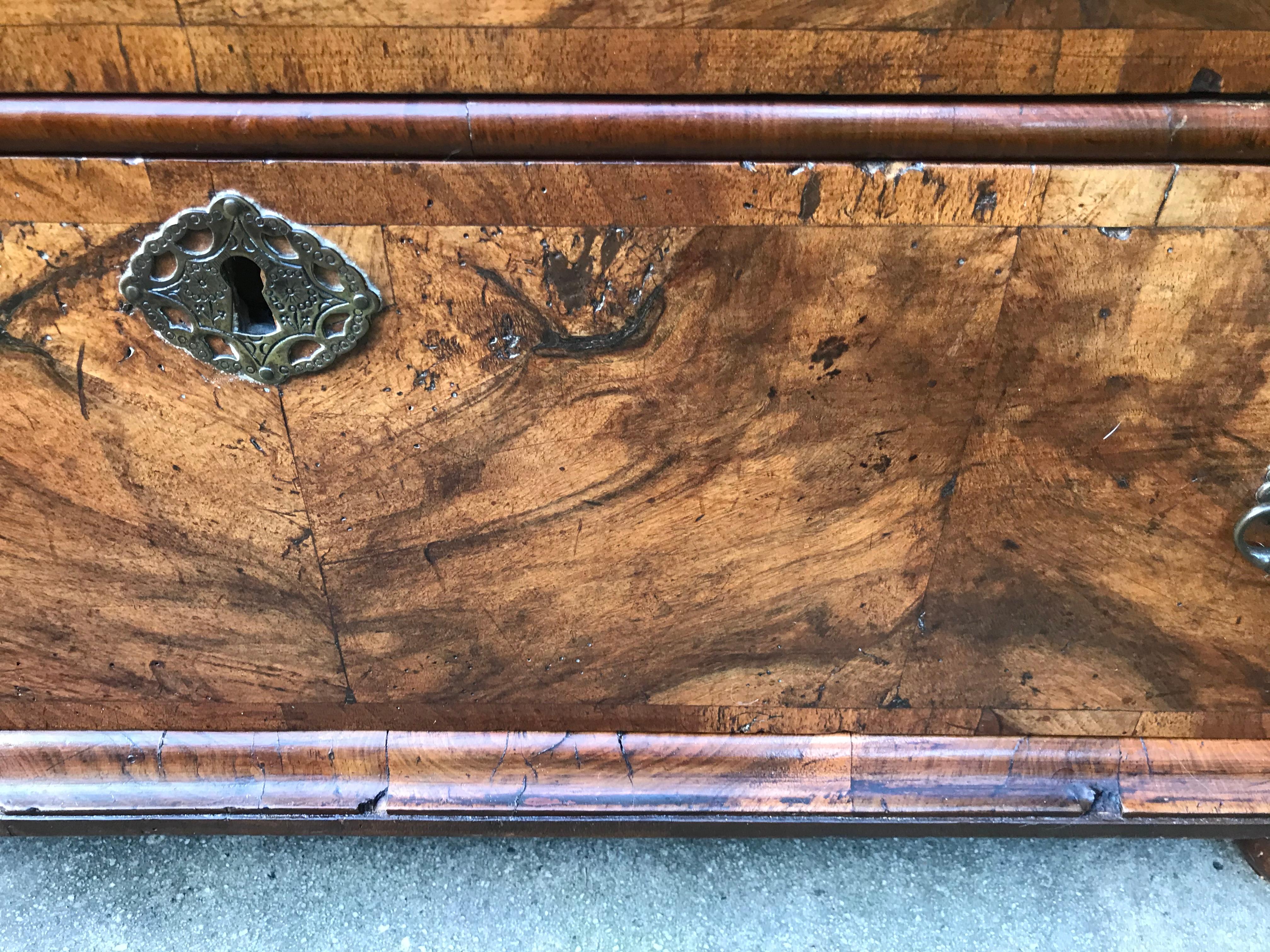 Queen Anne Transitional to George I Walnut and Walnut Burl Chest In Distressed Condition In Nashville, TN