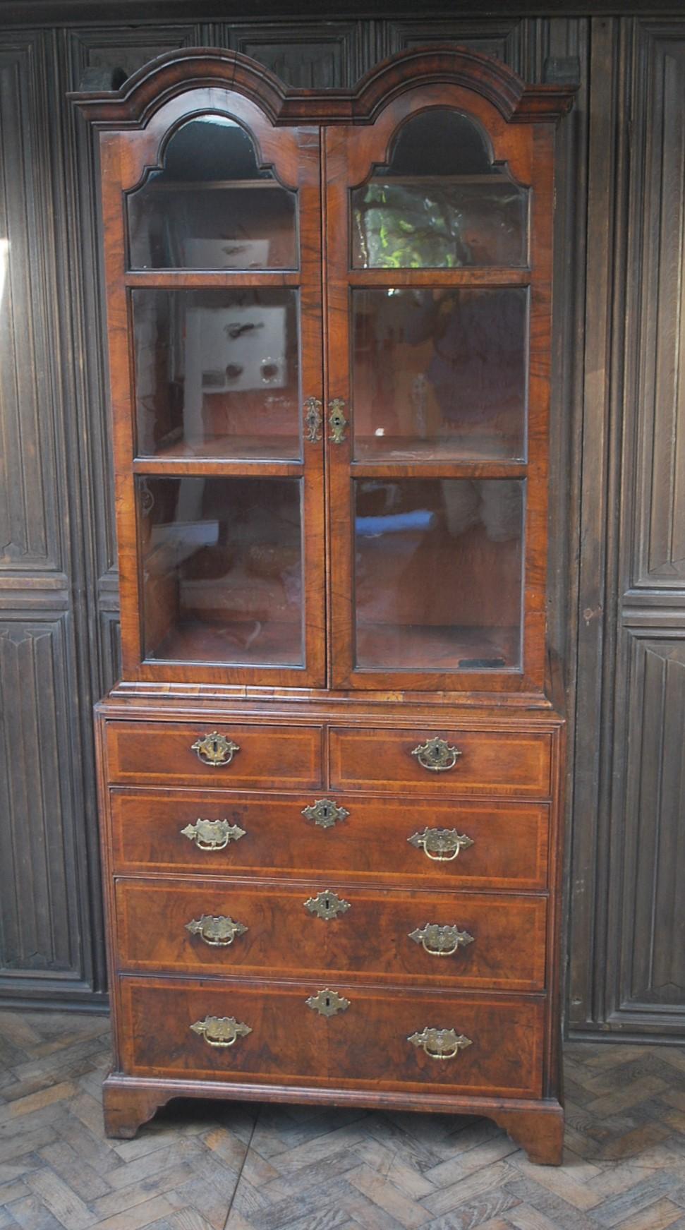 George I Walnut Double Dome Bookcase on Chest For Sale 5