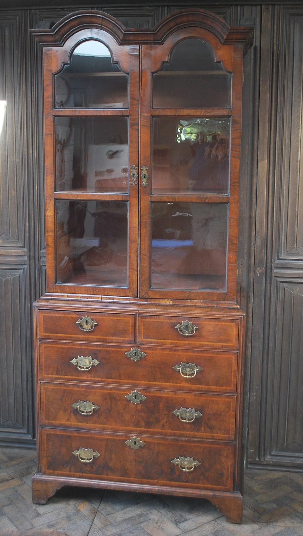 George I Walnut Double Dome Bookcase on Chest For Sale 6