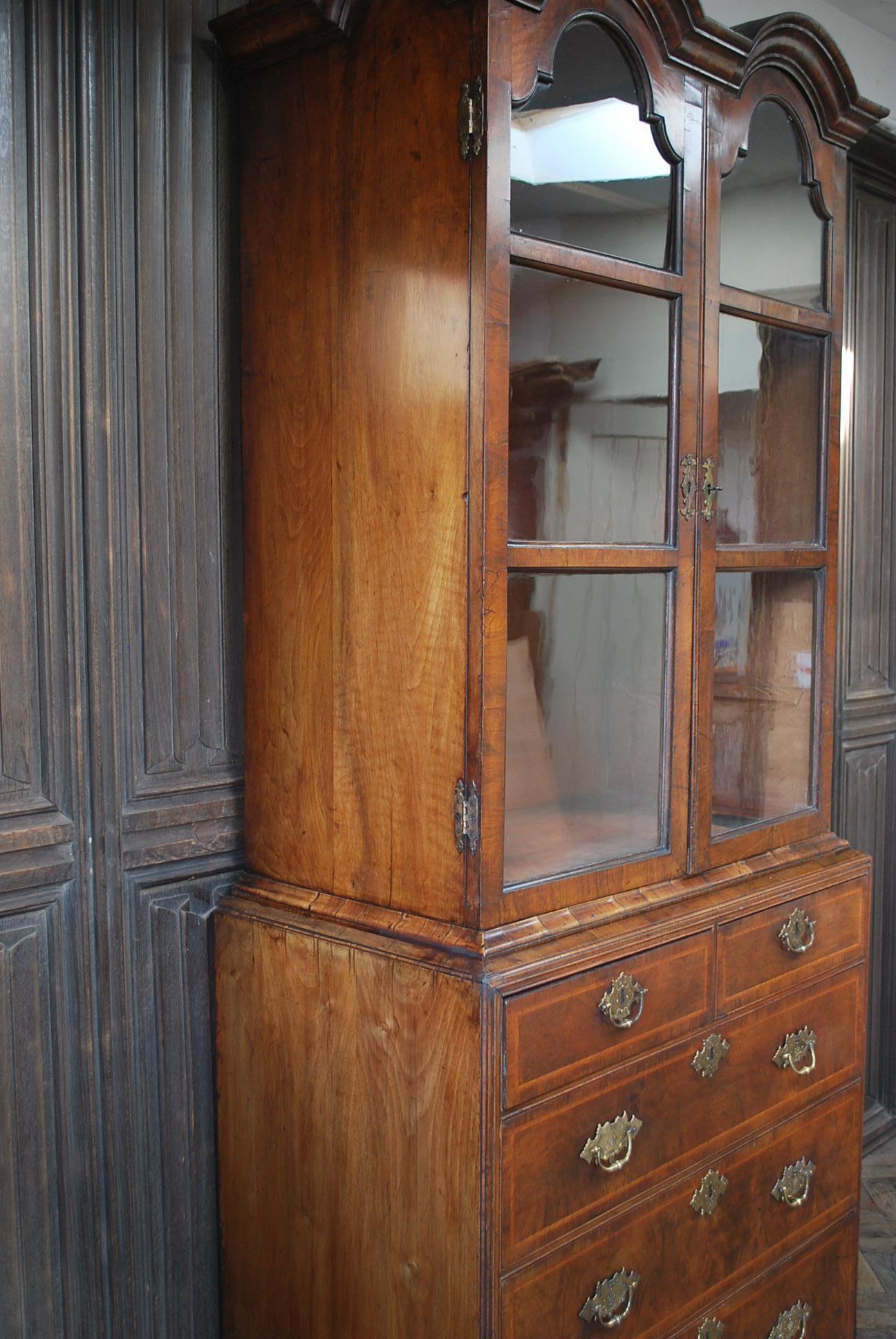 British George I Walnut Double Dome Bookcase on Chest For Sale