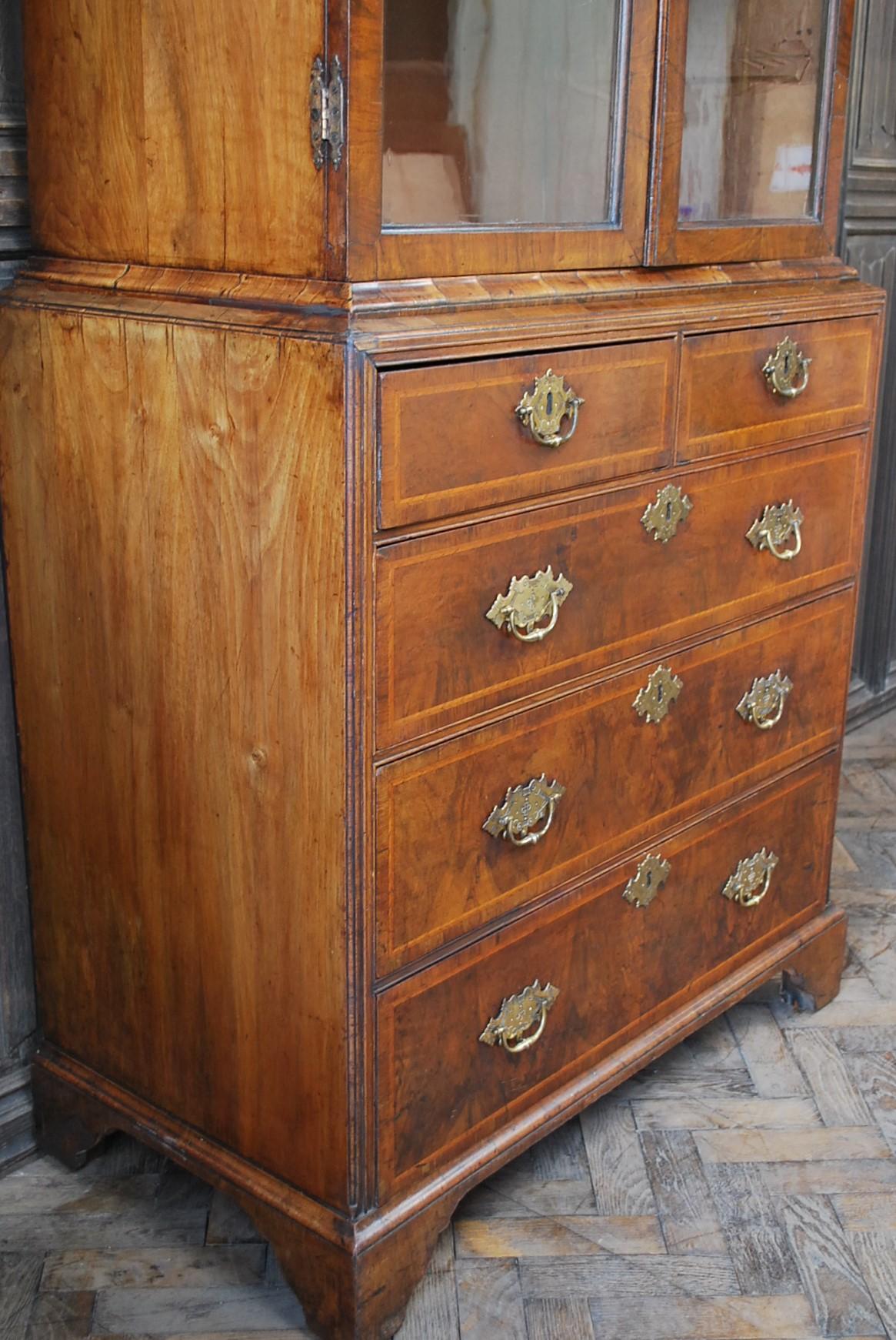 Veneer George I Walnut Double Dome Bookcase on Chest For Sale