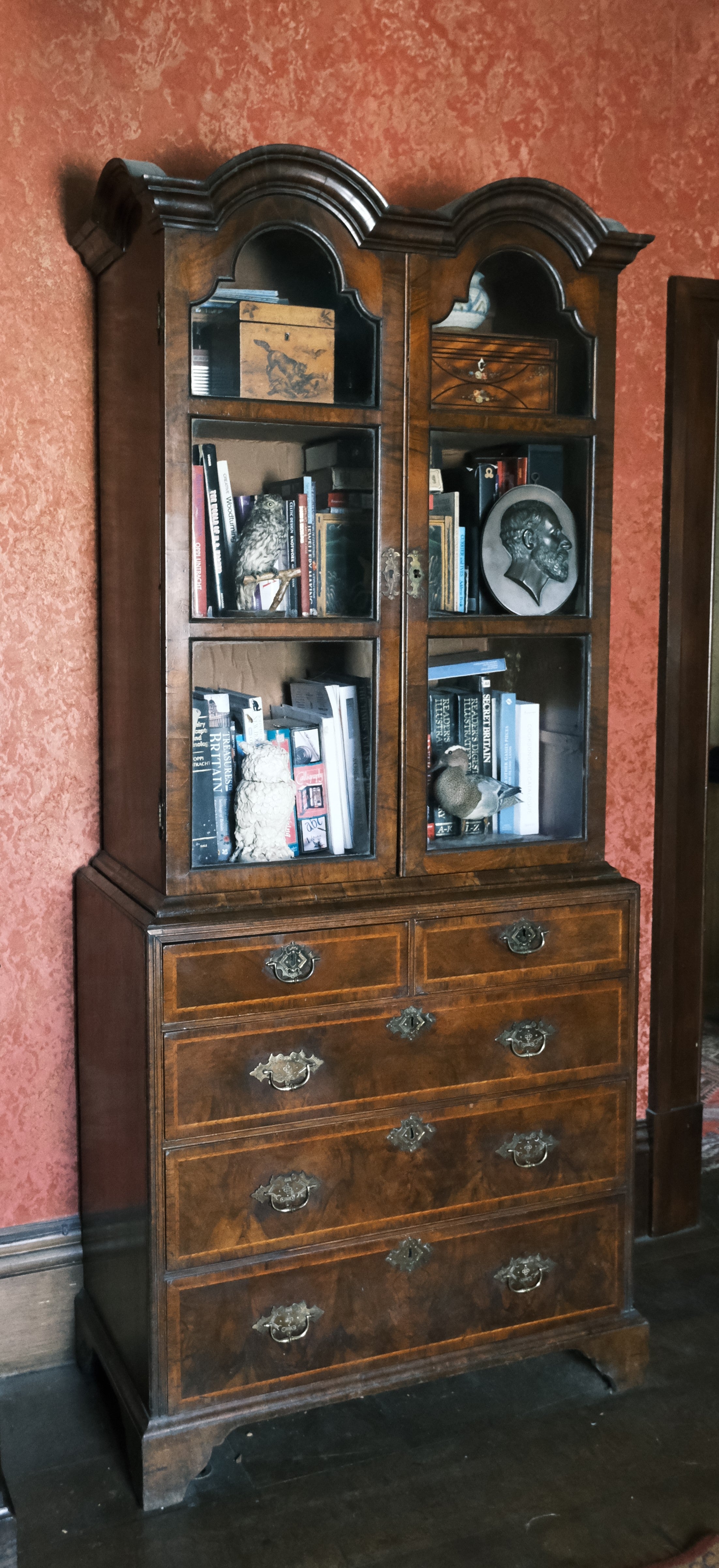 George I Walnut Double Dome Bookcase on Chest For Sale