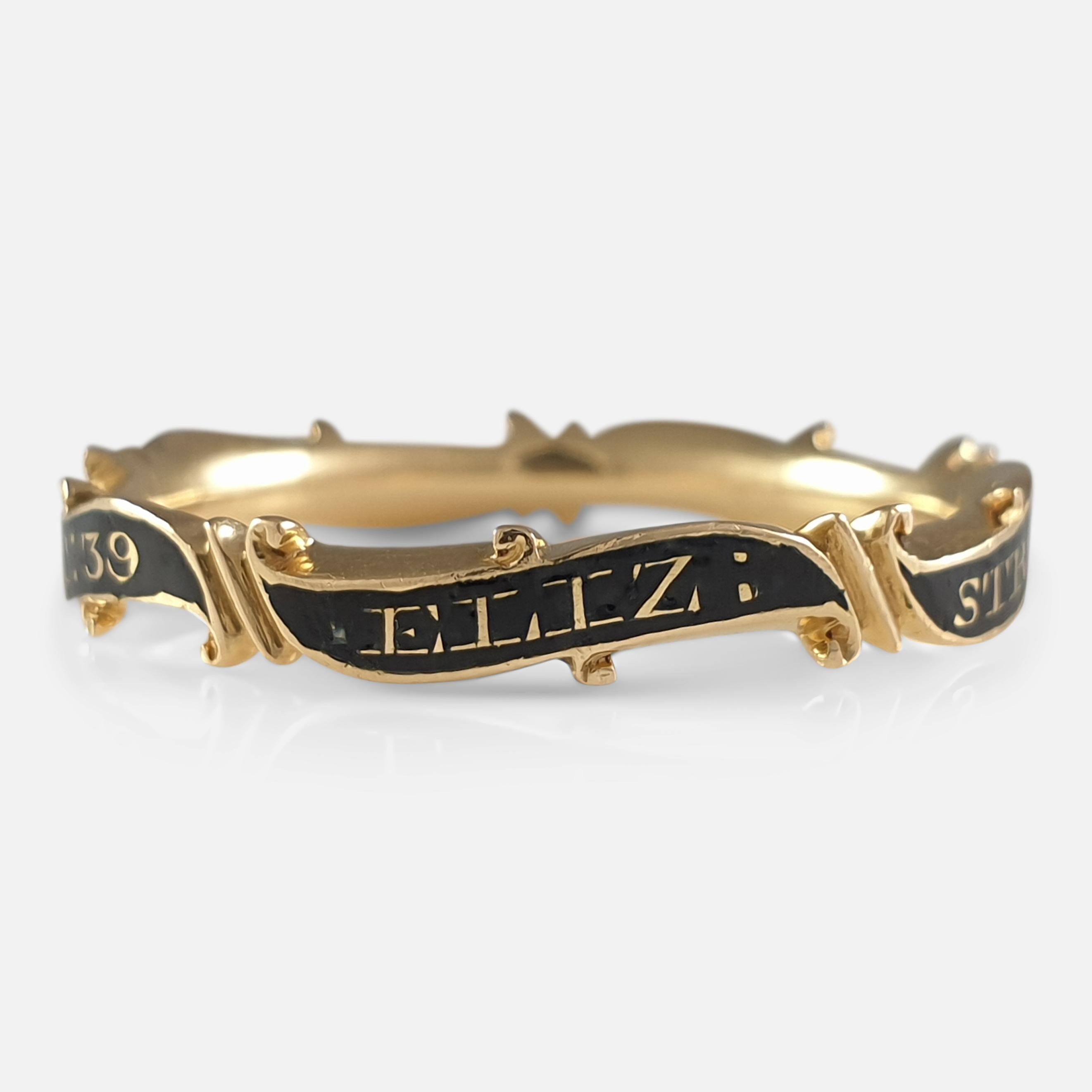 A George II 18k yellow gold and black enamel mourning band ring. The gold ring crafted in the Rococo style of the period, bears the inscription 