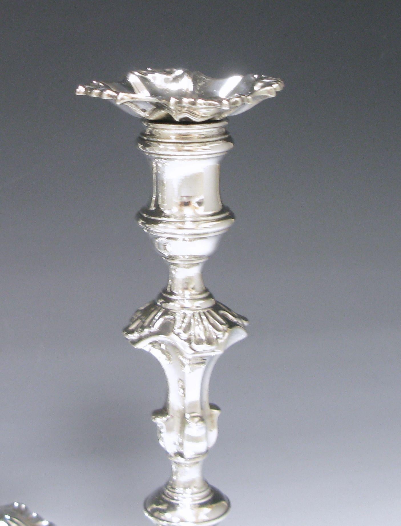 English George II Antique Silver Cast Candlesticks For Sale