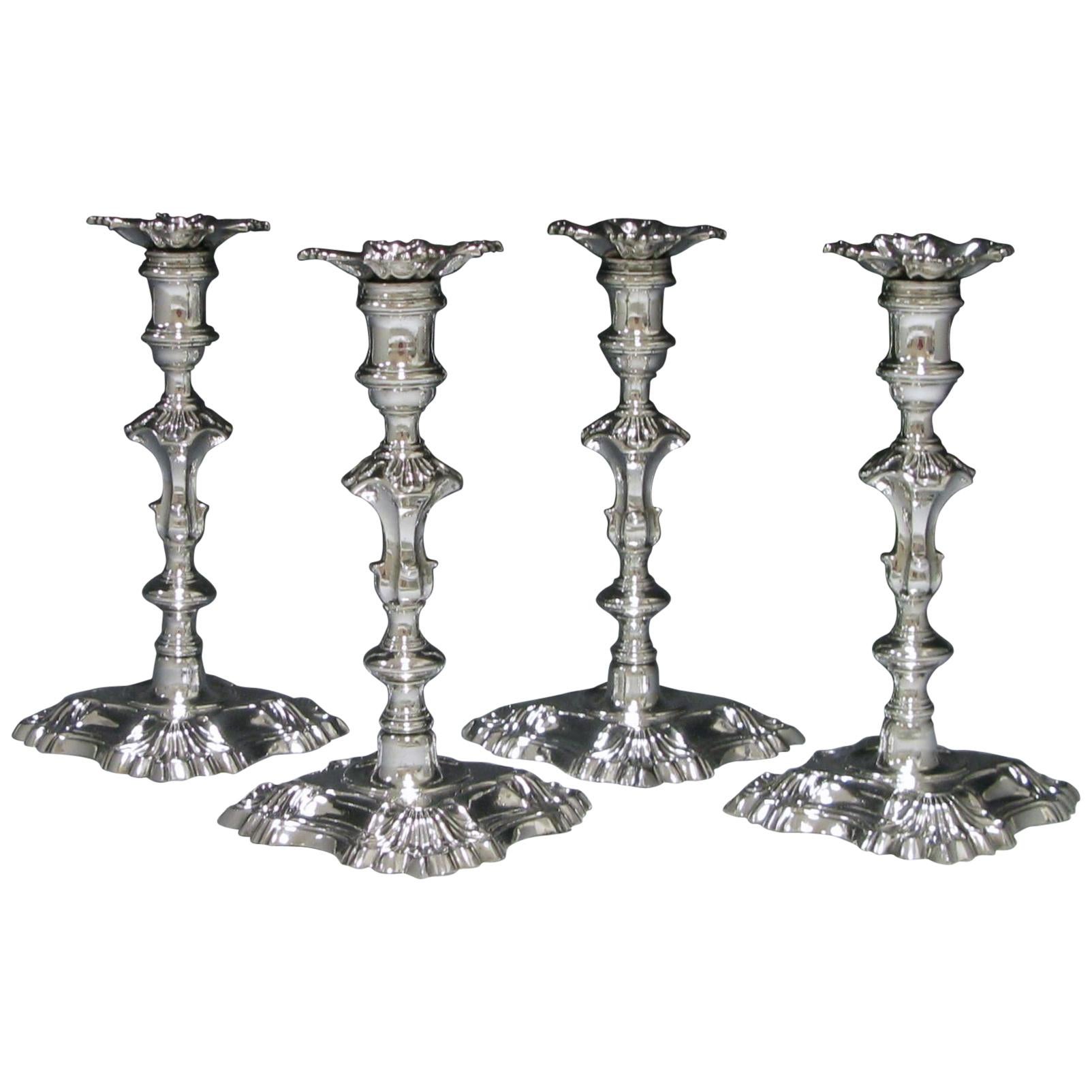 George II Antique Silver Cast Candlesticks For Sale