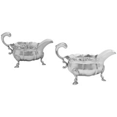 George II Antique Sterling Silver Pair of Sauce Boats by John Pollock, 1749