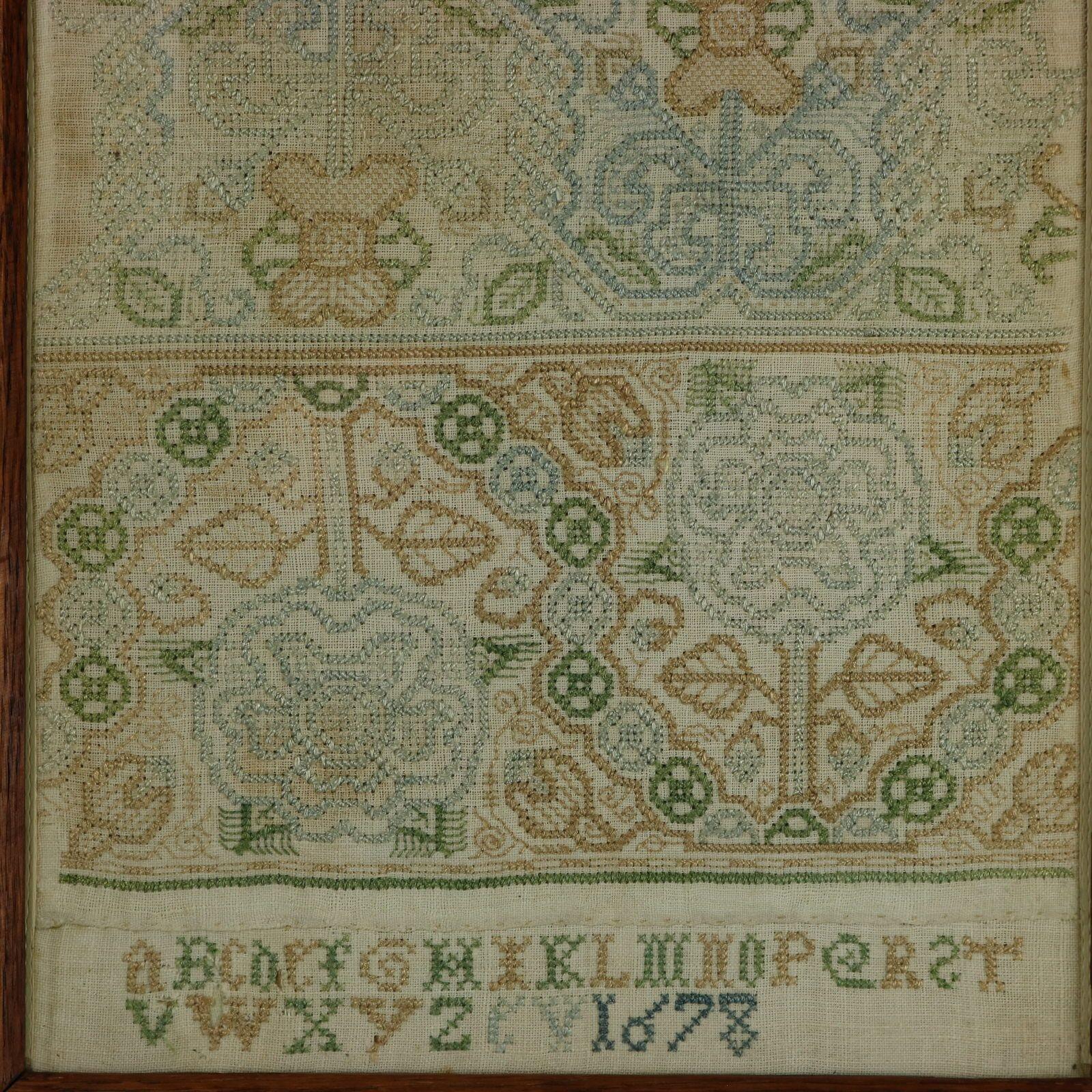 George II Band Sampler, datiert 1678, genäht von EV (Leinen) im Angebot