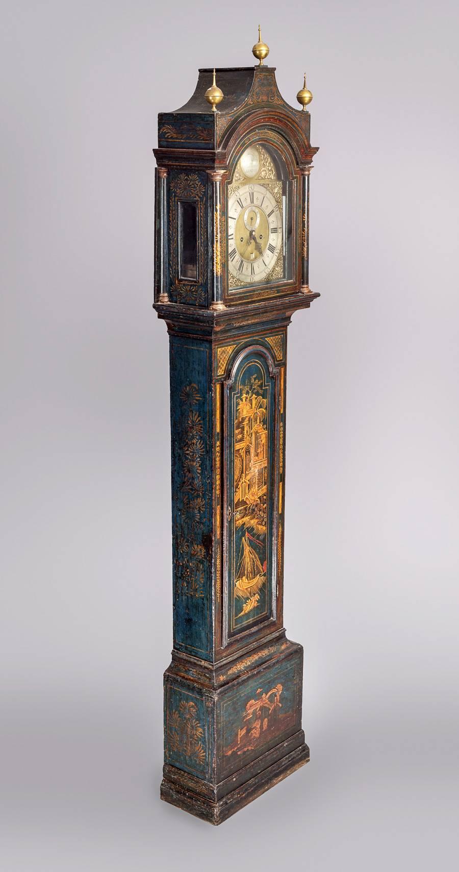 British George II Blue Lacquered Tall Case Clock