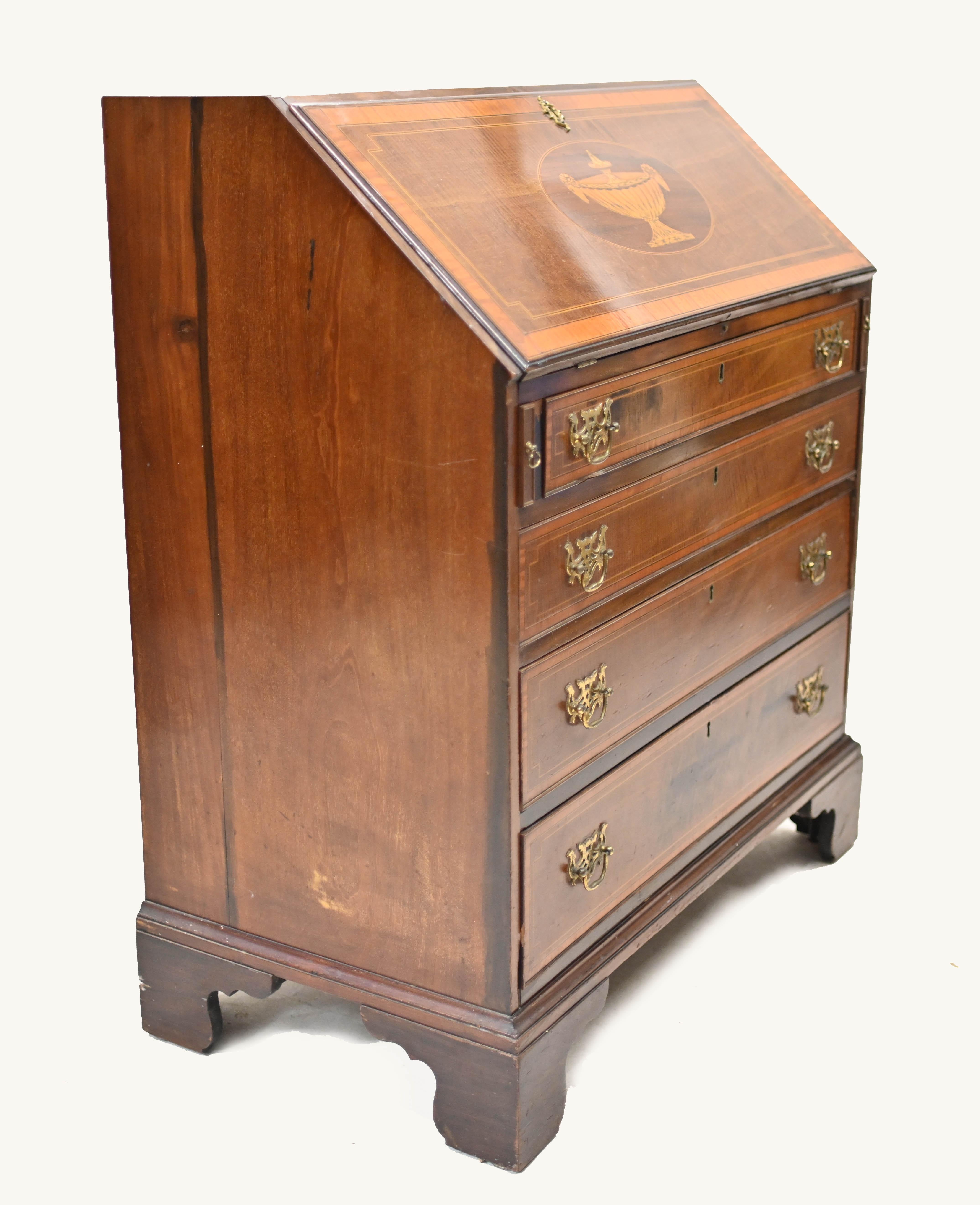 George II Bureau Mahogany Desk Edwards and Roberts Inlay For Sale 7