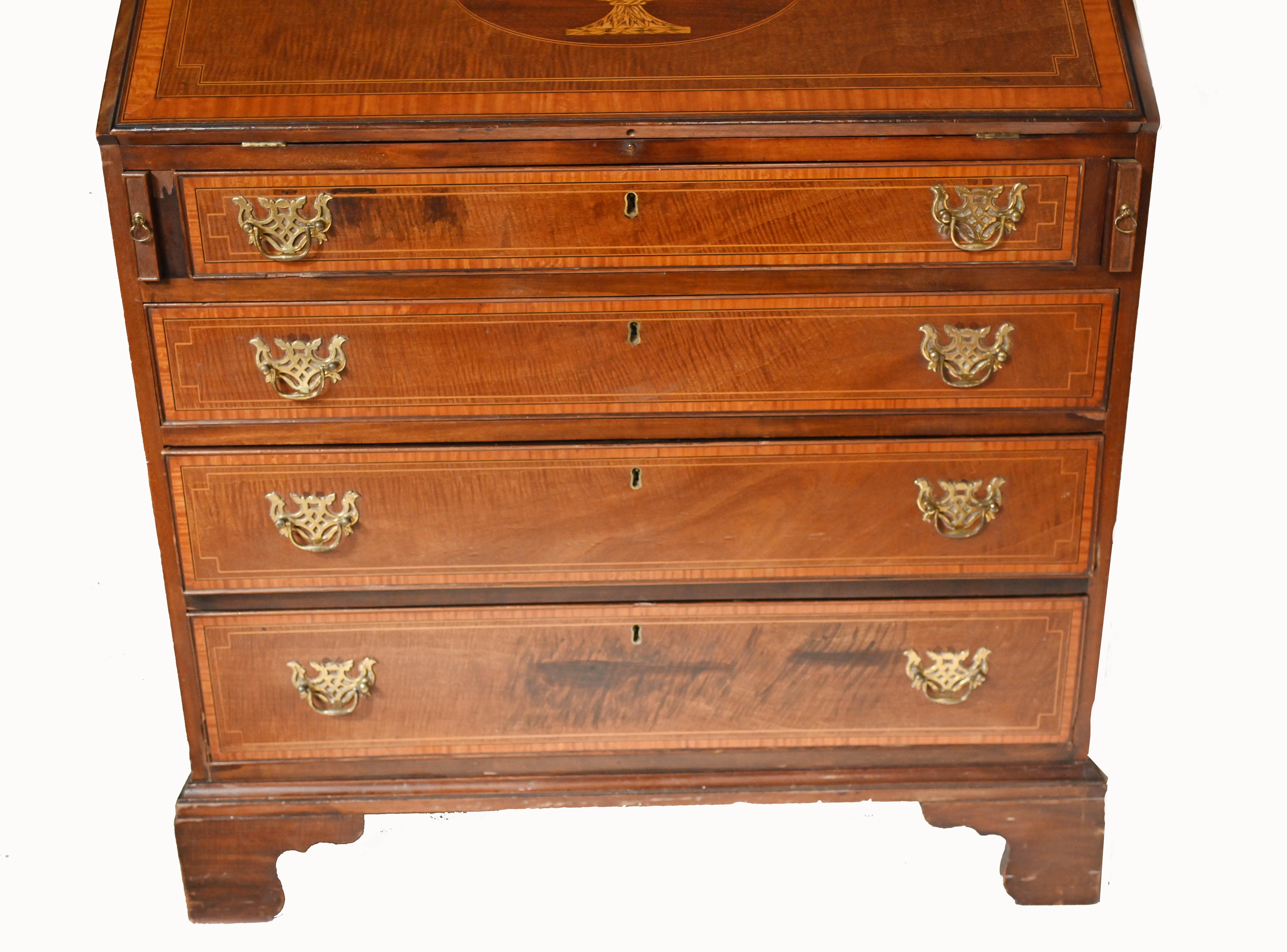 George II Bureau Mahogany Desk Edwards and Roberts Inlay In Good Condition For Sale In Potters Bar, GB