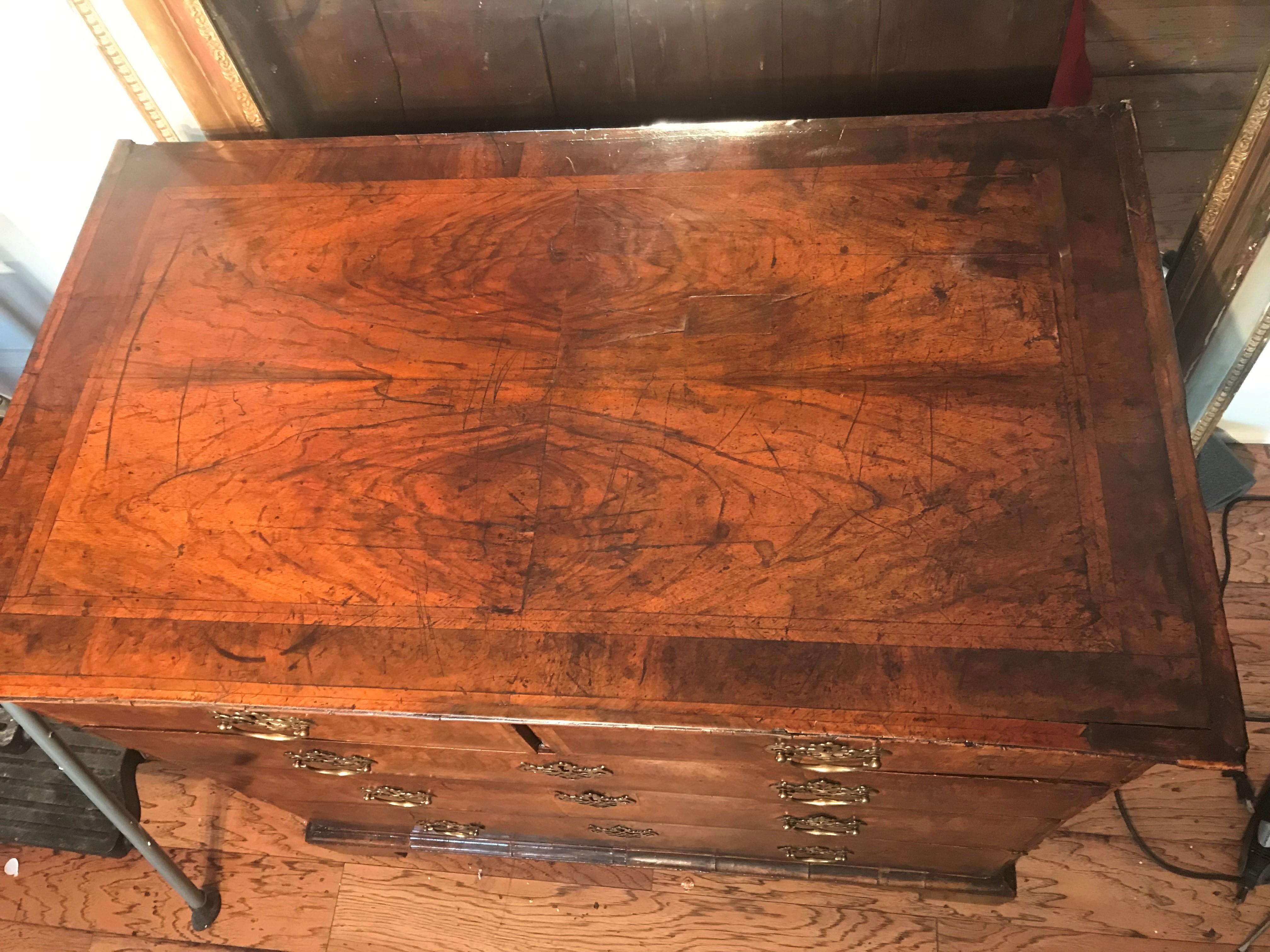 English George II Burl Walnut Chest with Two Short Over Three Long Drawers
