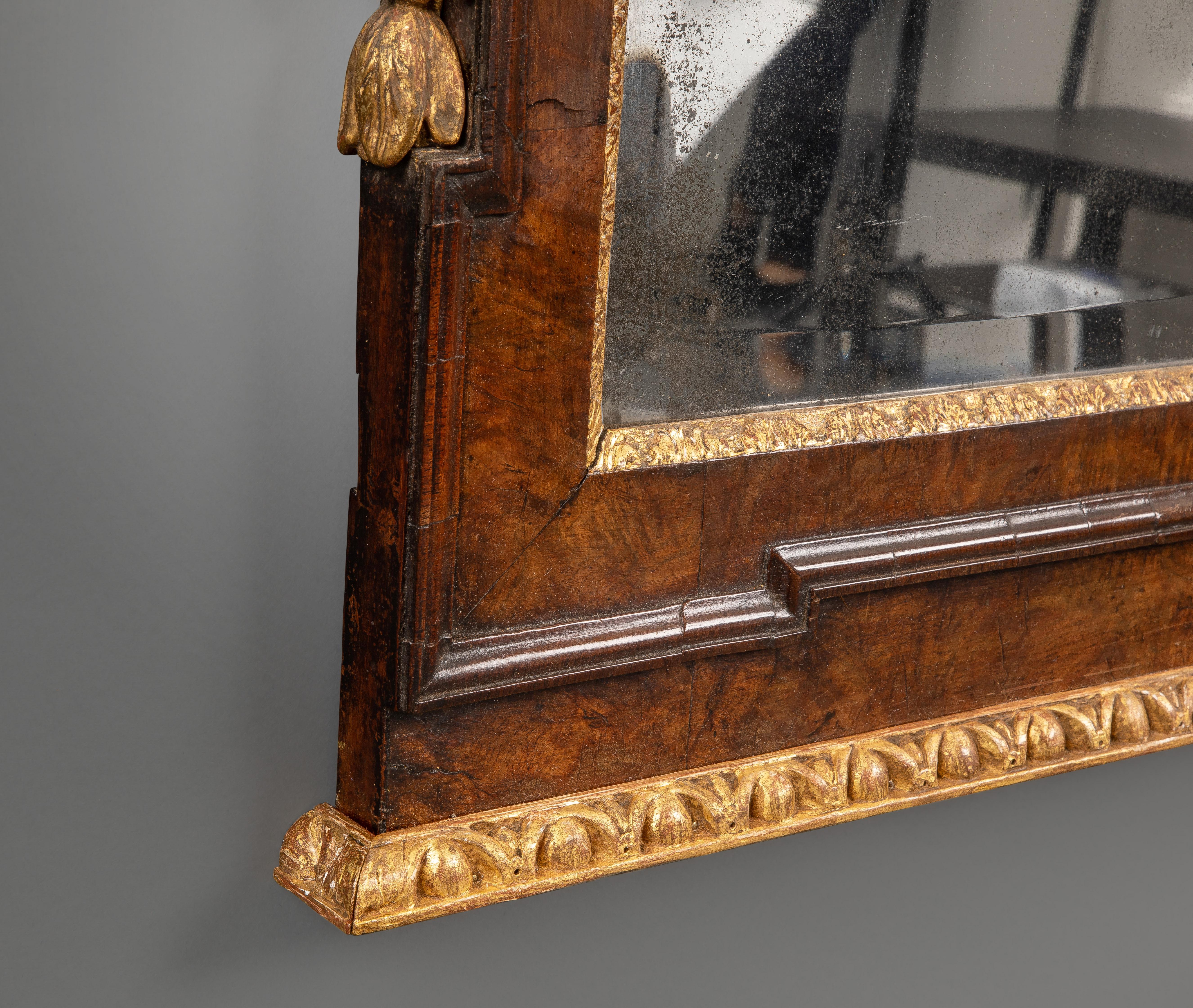 Mid-18th Century George II Burr Walnut and Parcel-Gilt Mirror in the Kentian Style For Sale