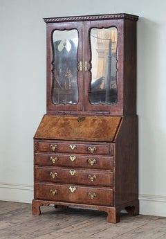 George II Carved Walnut & Feather Banded Bureau Bookcase