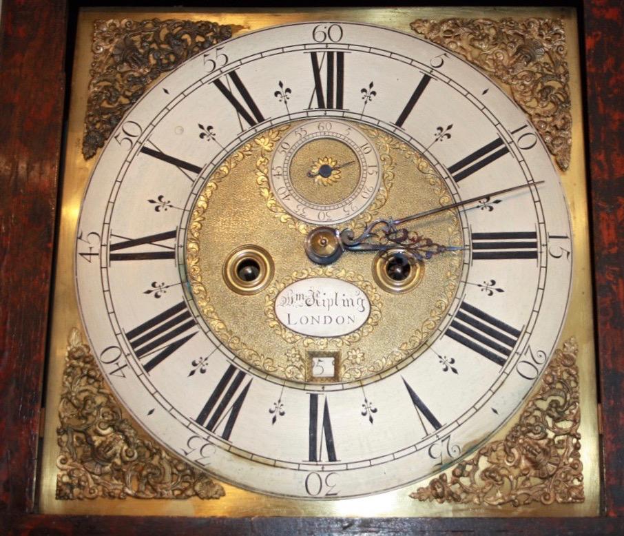 A very rare George II Chinoiserie longcase clock by William Kipling, London, circa 1730.
(Raised Chinoiserie work and Original workings)

William Kipling (clockmaker/watchmaker; British; Male; 1705 - 1750; active)
Working out of Broad Street,