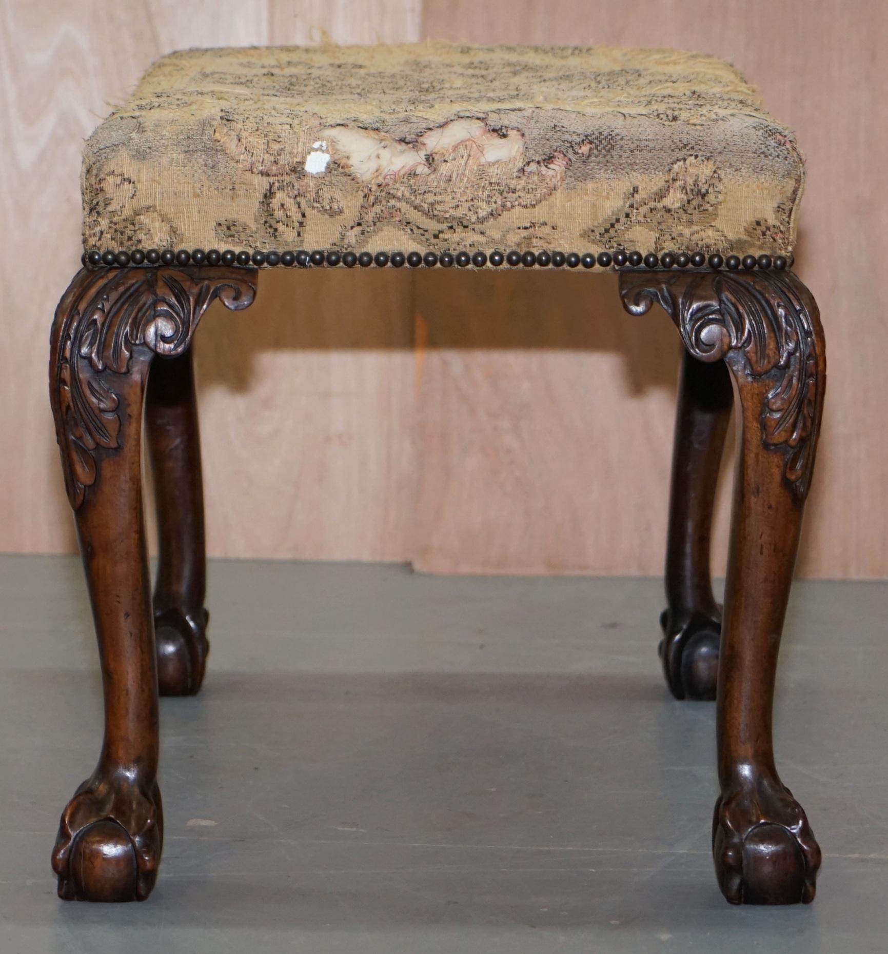 19th Century George II Claw & Ball Carved Mahogany Georgian Irish Stool Original Upholstery