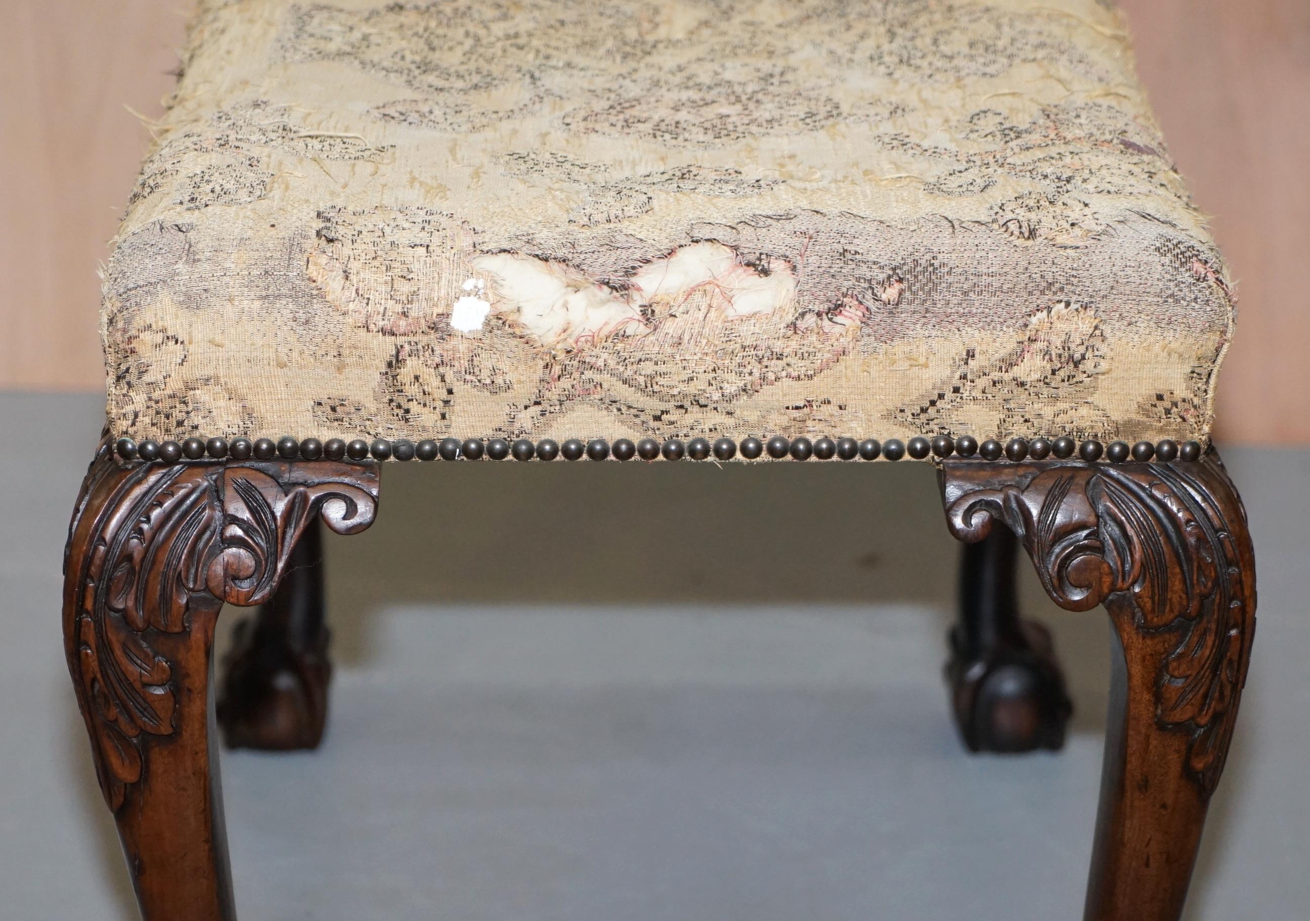 George II Claw & Ball Carved Mahogany Georgian Irish Stool Original Upholstery 1