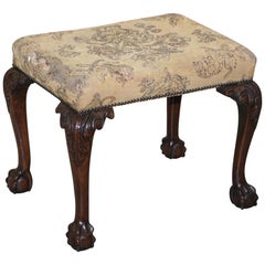 George II Claw & Ball Carved Mahogany Georgian Irish Stool Original Upholstery