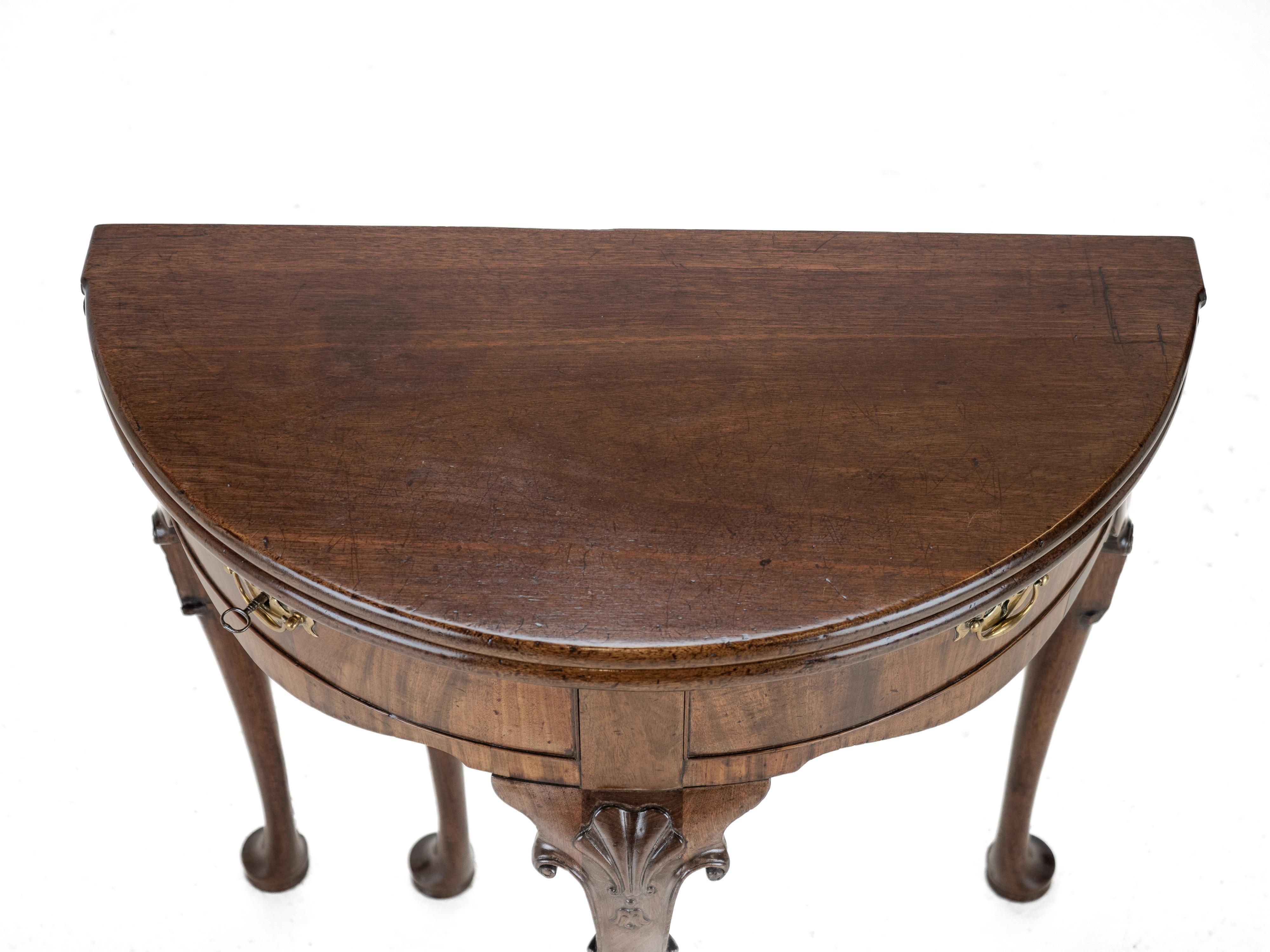 George II Cuban Mahogany Demi-Lune Fold-Over Tea Table, Twin Swing-Out Drawers For Sale 5