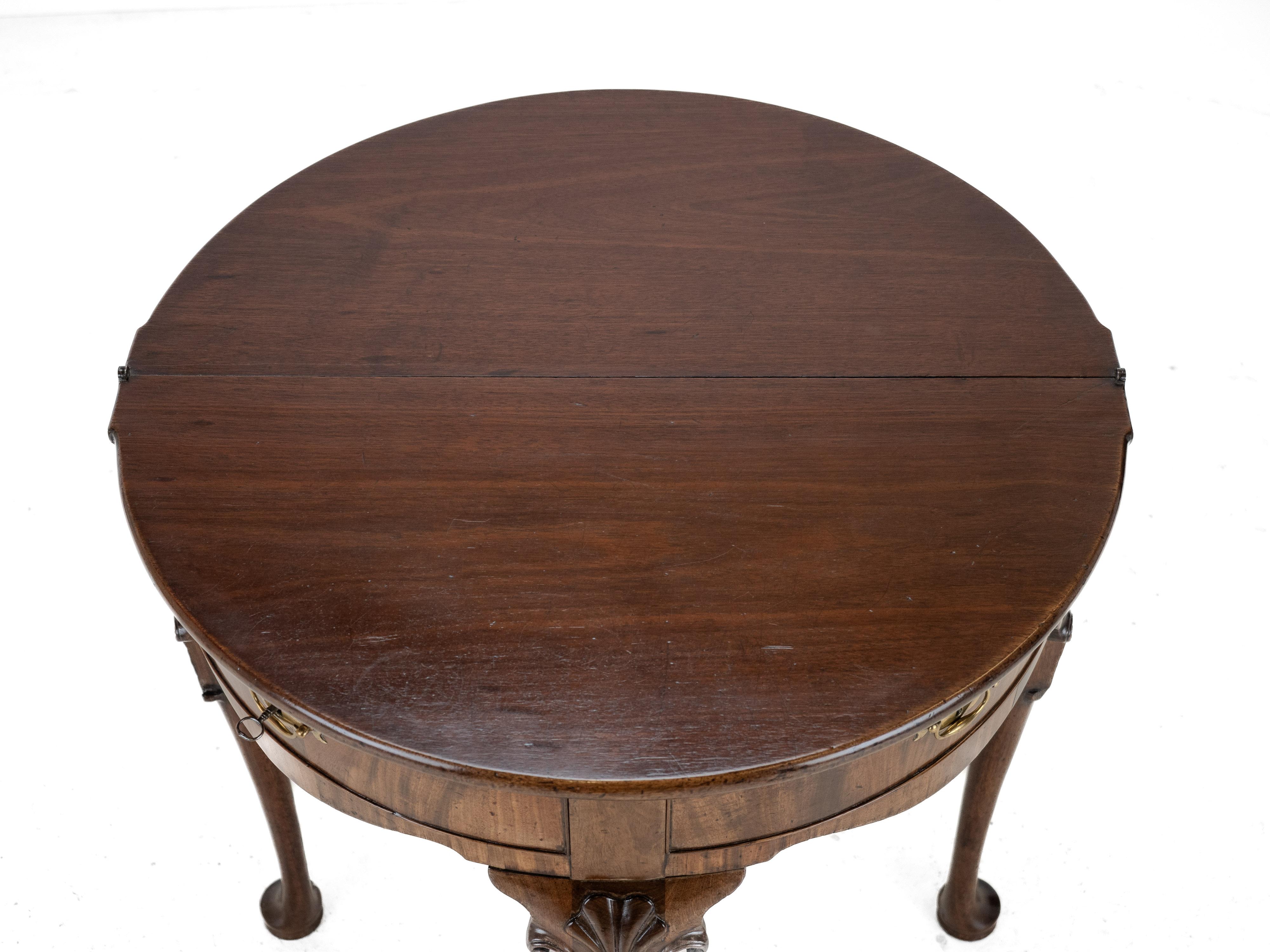 George II Cuban Mahogany Demi-Lune Fold-Over Tea Table, Twin Swing-Out Drawers For Sale 6