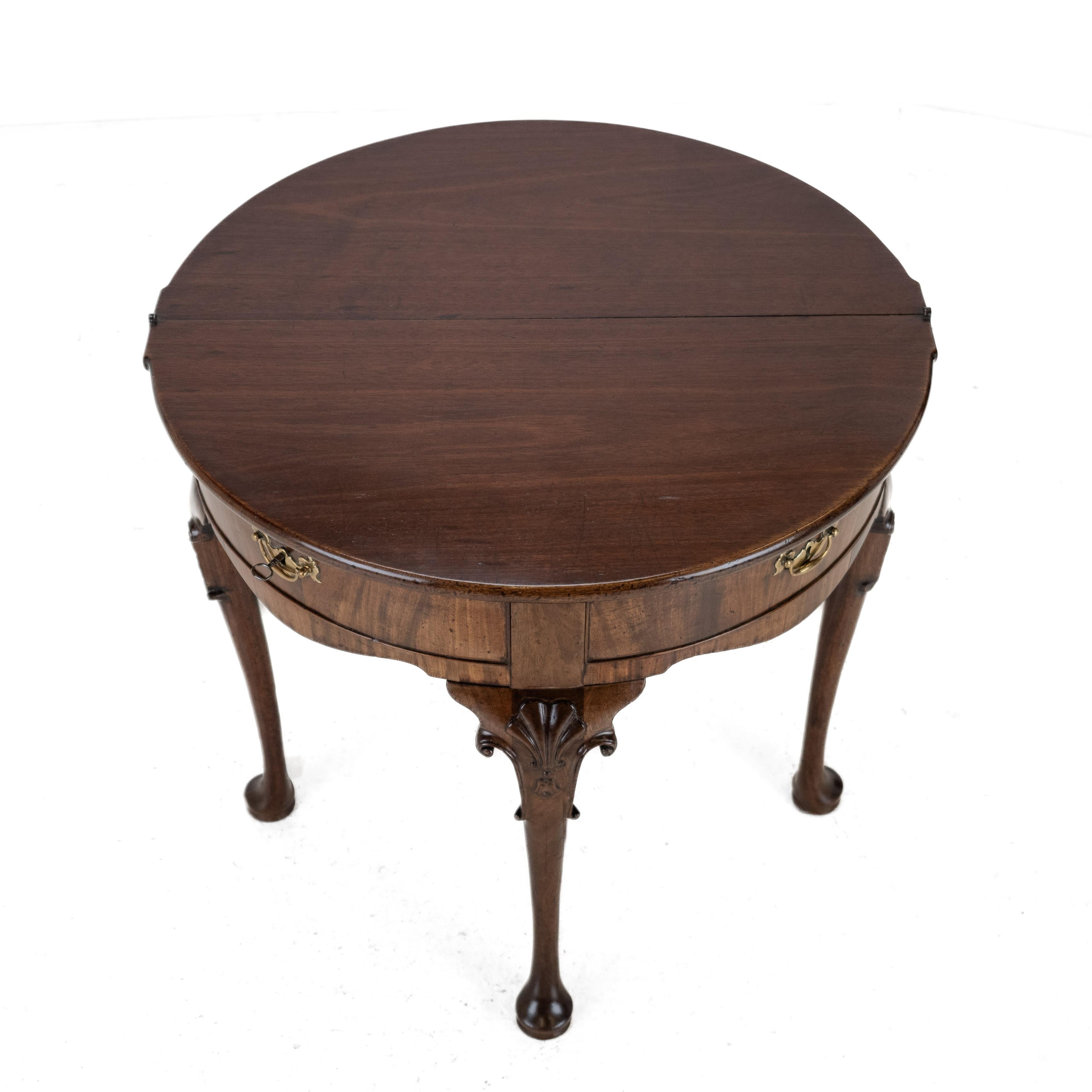 George II Cuban Mahogany Demi-Lune Fold-Over Tea Table, Twin Swing-Out Drawers For Sale 7