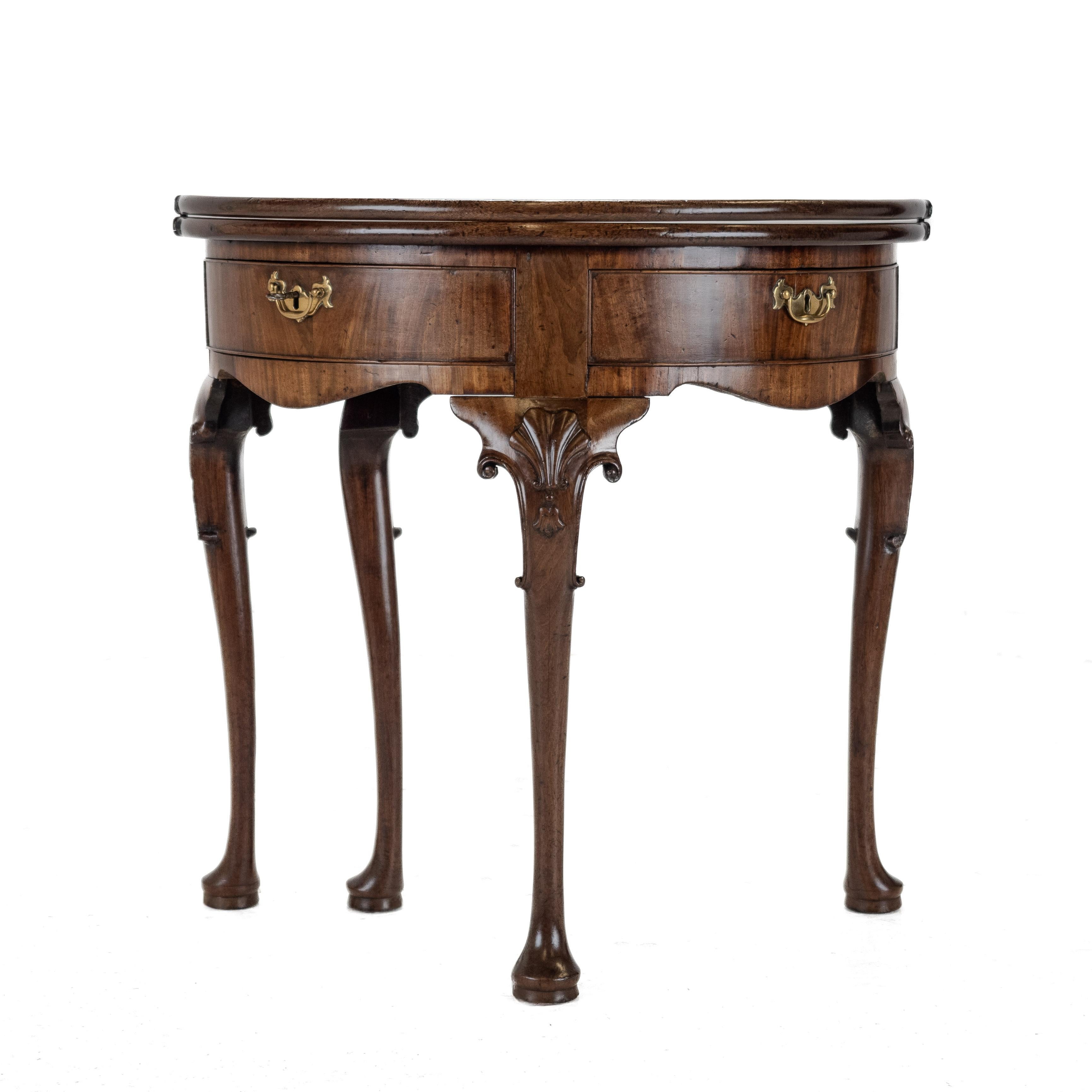George II Cuban Mahogany Demi-Lune Fold-Over Tea Table, Twin Swing-Out Drawers For Sale 9