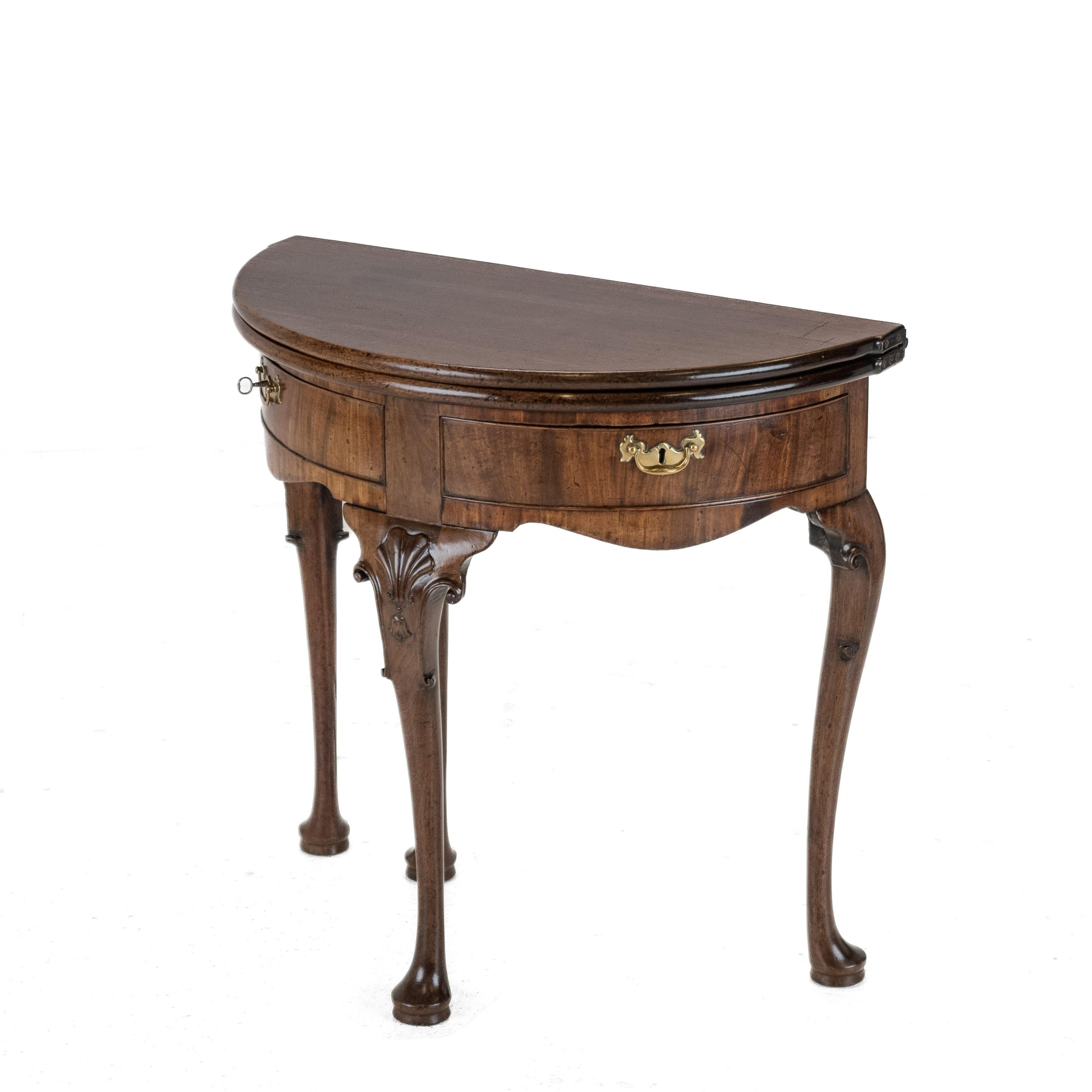 English George II Cuban Mahogany Demi-Lune Fold-Over Tea Table, Twin Swing-Out Drawers For Sale