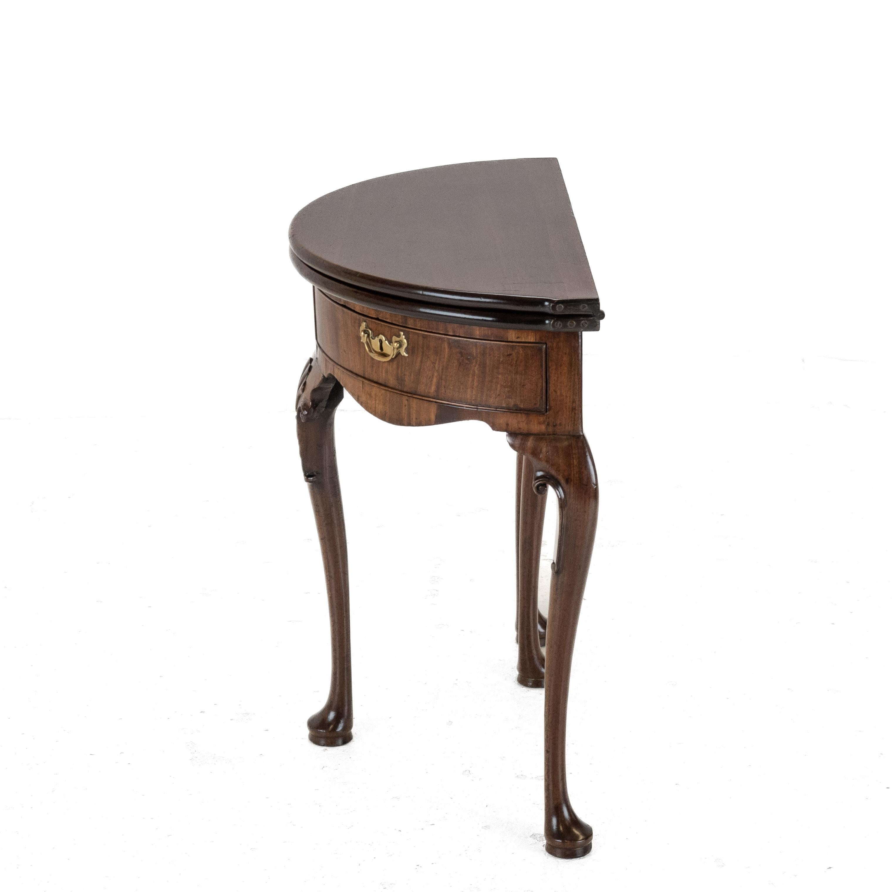 George II Cuban Mahogany Demi-Lune Fold-Over Tea Table, Twin Swing-Out Drawers In Good Condition For Sale In Leeds, GB