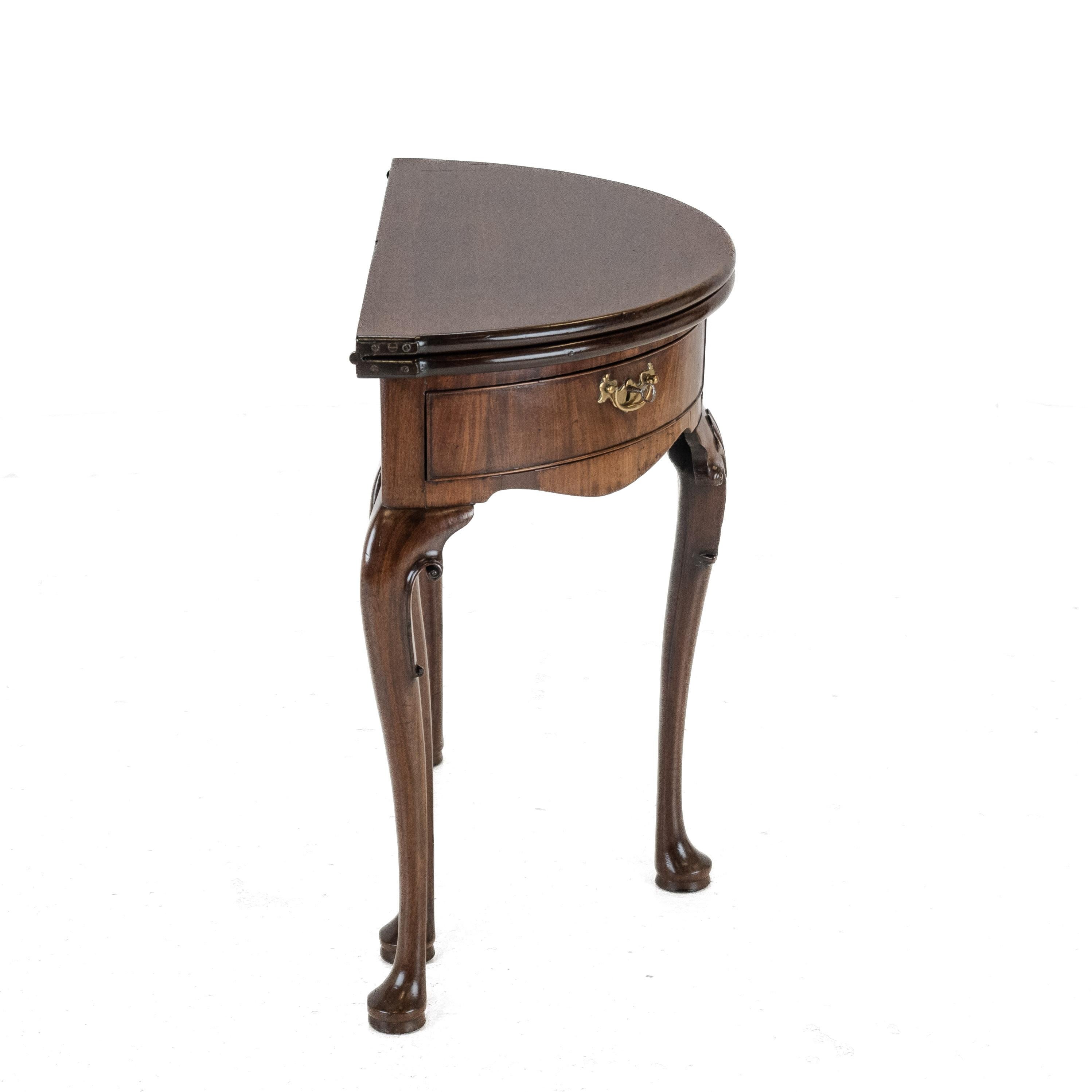 18th Century George II Cuban Mahogany Demi-Lune Fold-Over Tea Table, Twin Swing-Out Drawers For Sale