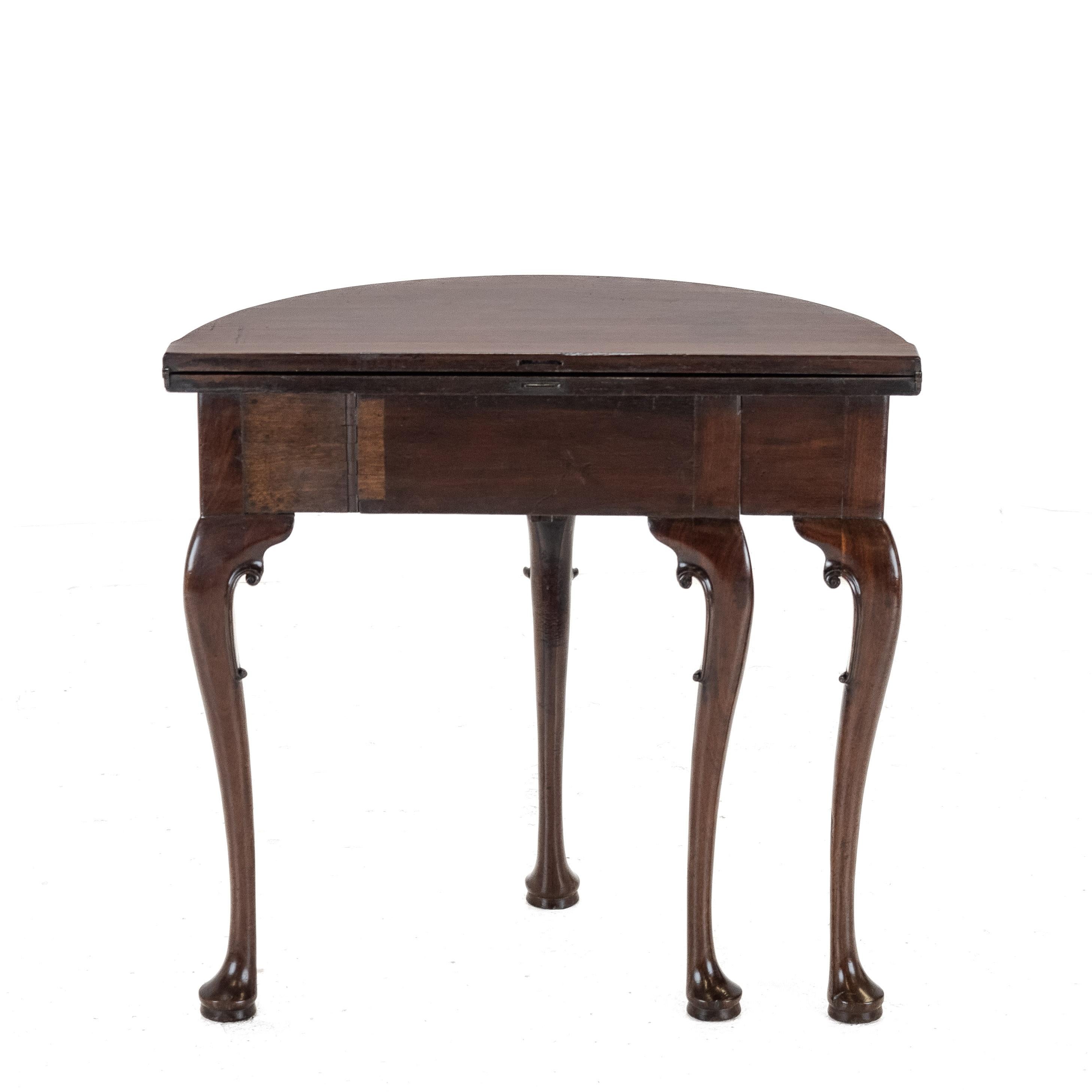 George II Cuban Mahogany Demi-Lune Fold-Over Tea Table, Twin Swing-Out Drawers For Sale 1