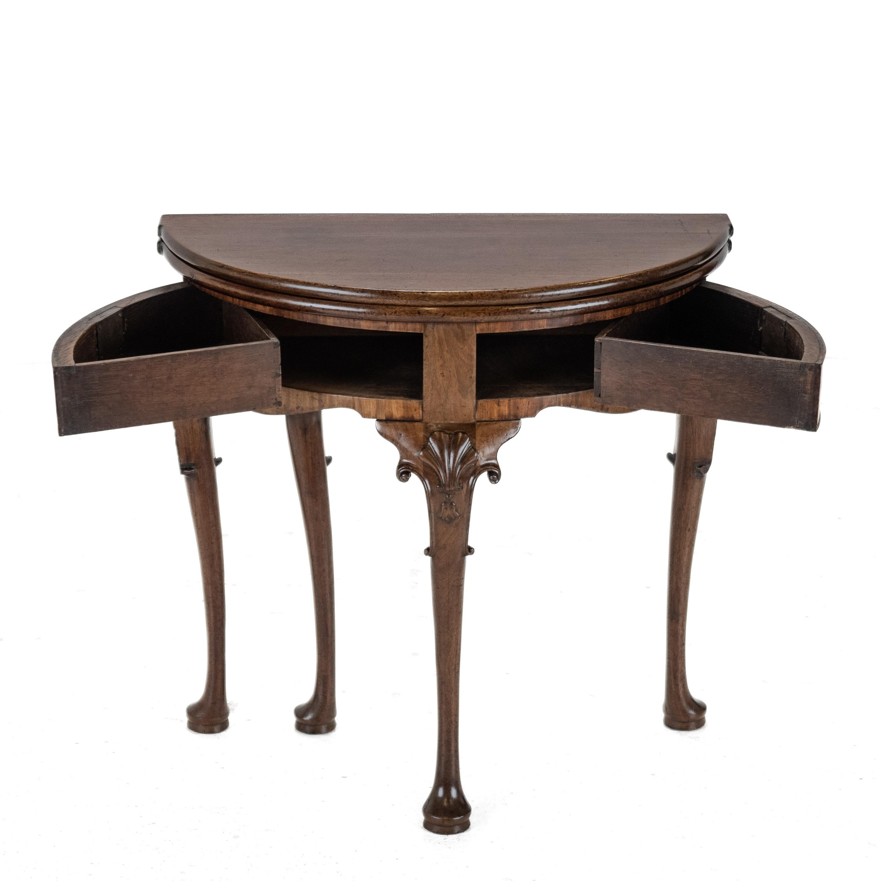George II Cuban Mahogany Demi-Lune Fold-Over Tea Table, Twin Swing-Out Drawers For Sale 2