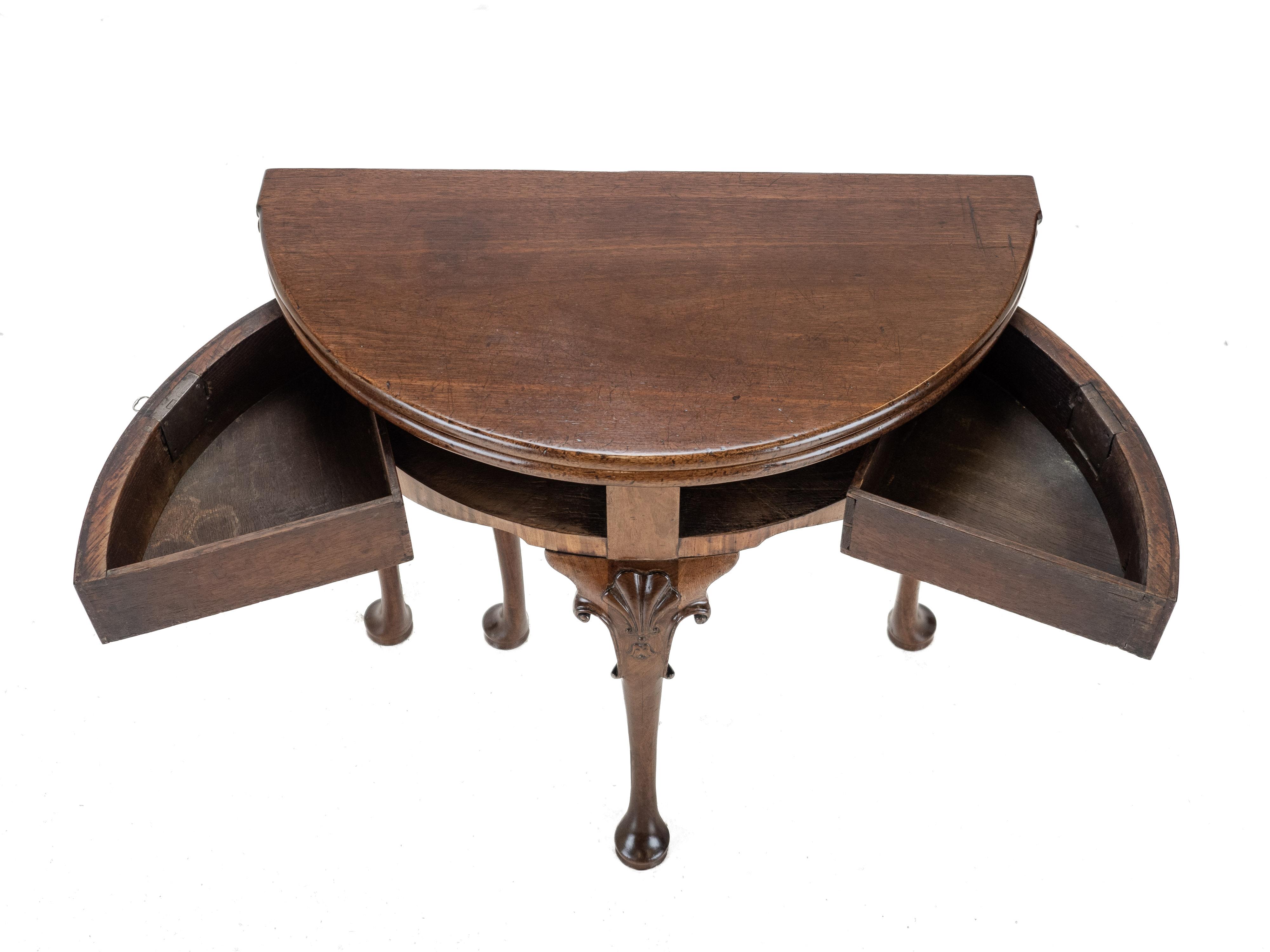 George II Cuban Mahogany Demi-Lune Fold-Over Tea Table, Twin Swing-Out Drawers For Sale 3