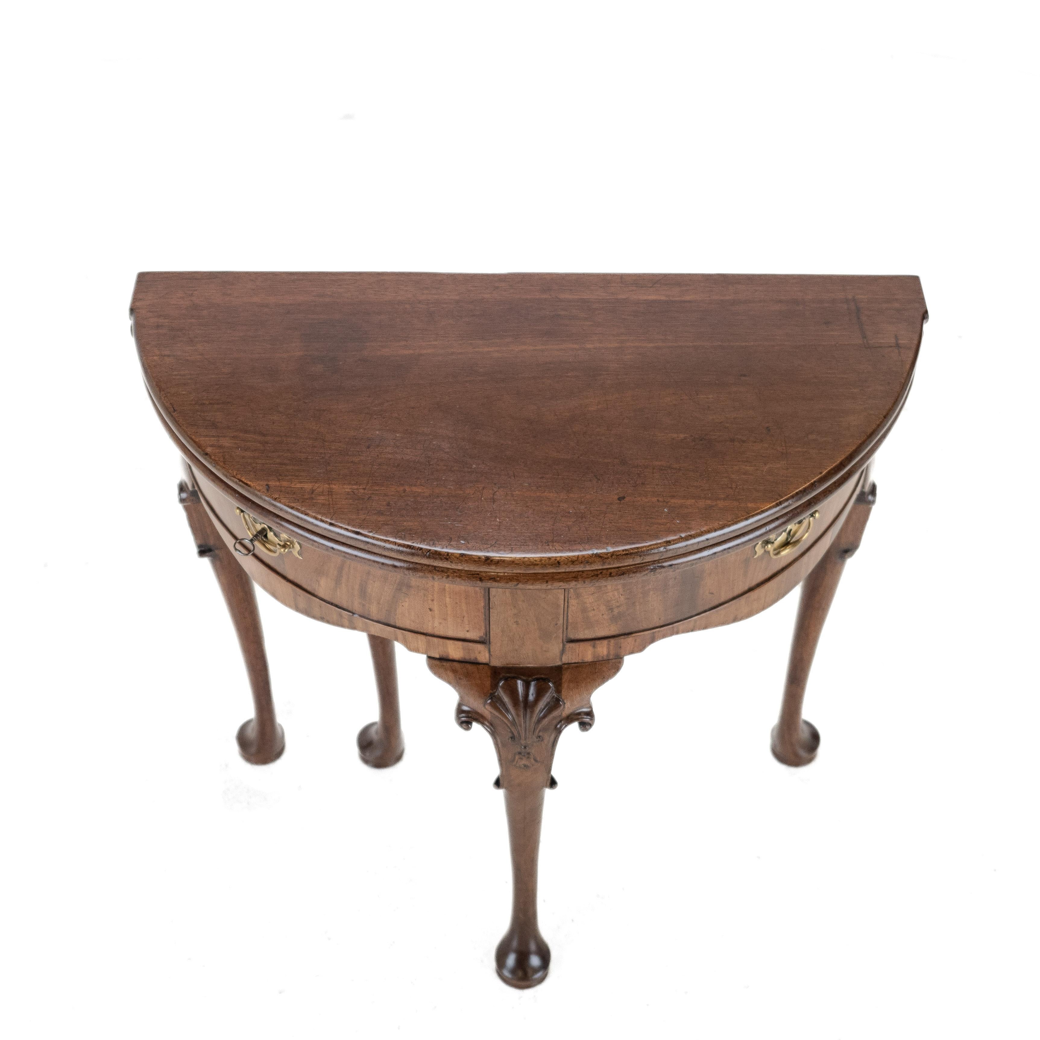 George II Cuban Mahogany Demi-Lune Fold-Over Tea Table, Twin Swing-Out Drawers For Sale 4