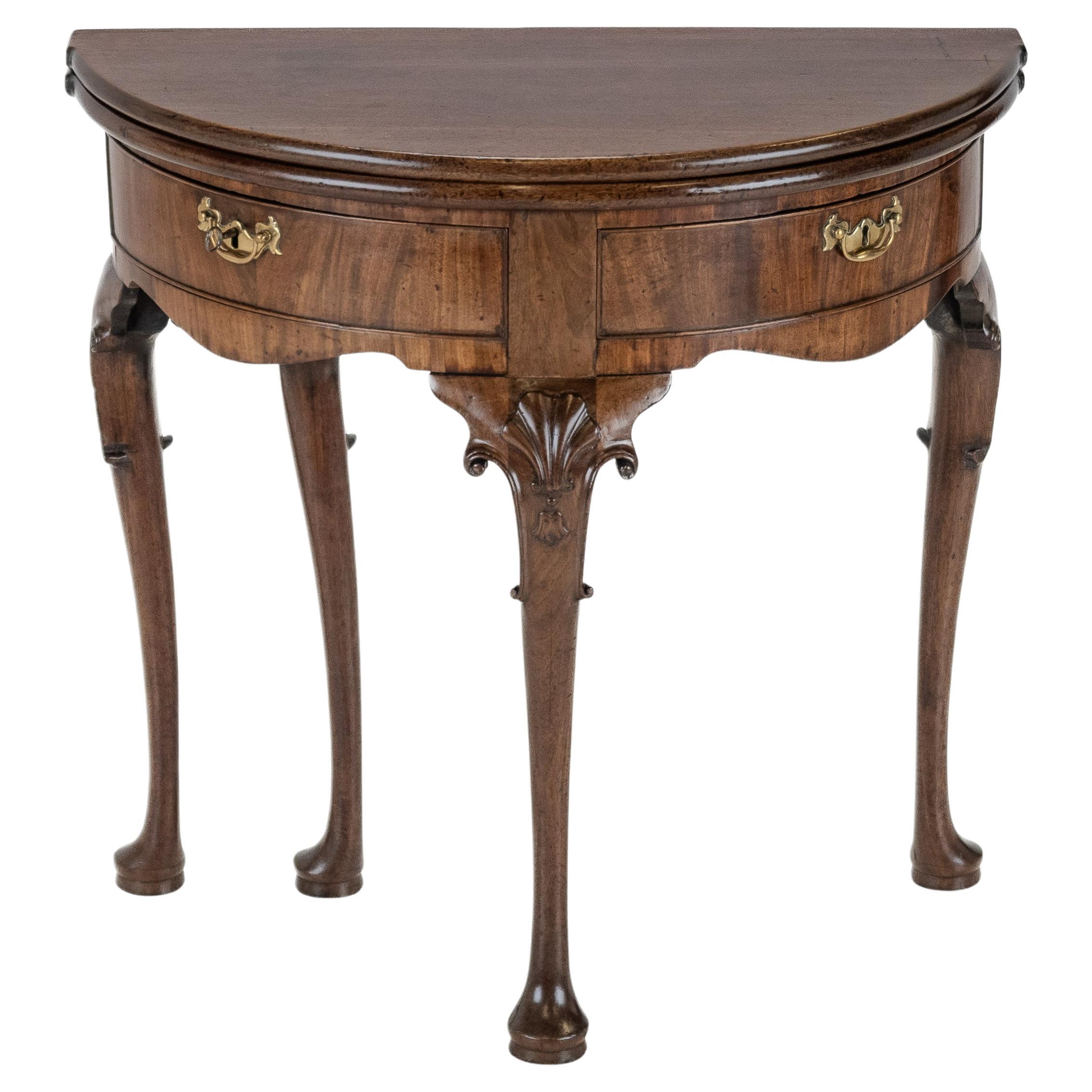George II Cuban Mahogany Demi-Lune Fold-Over Tea Table, Twin Swing-Out Drawers For Sale