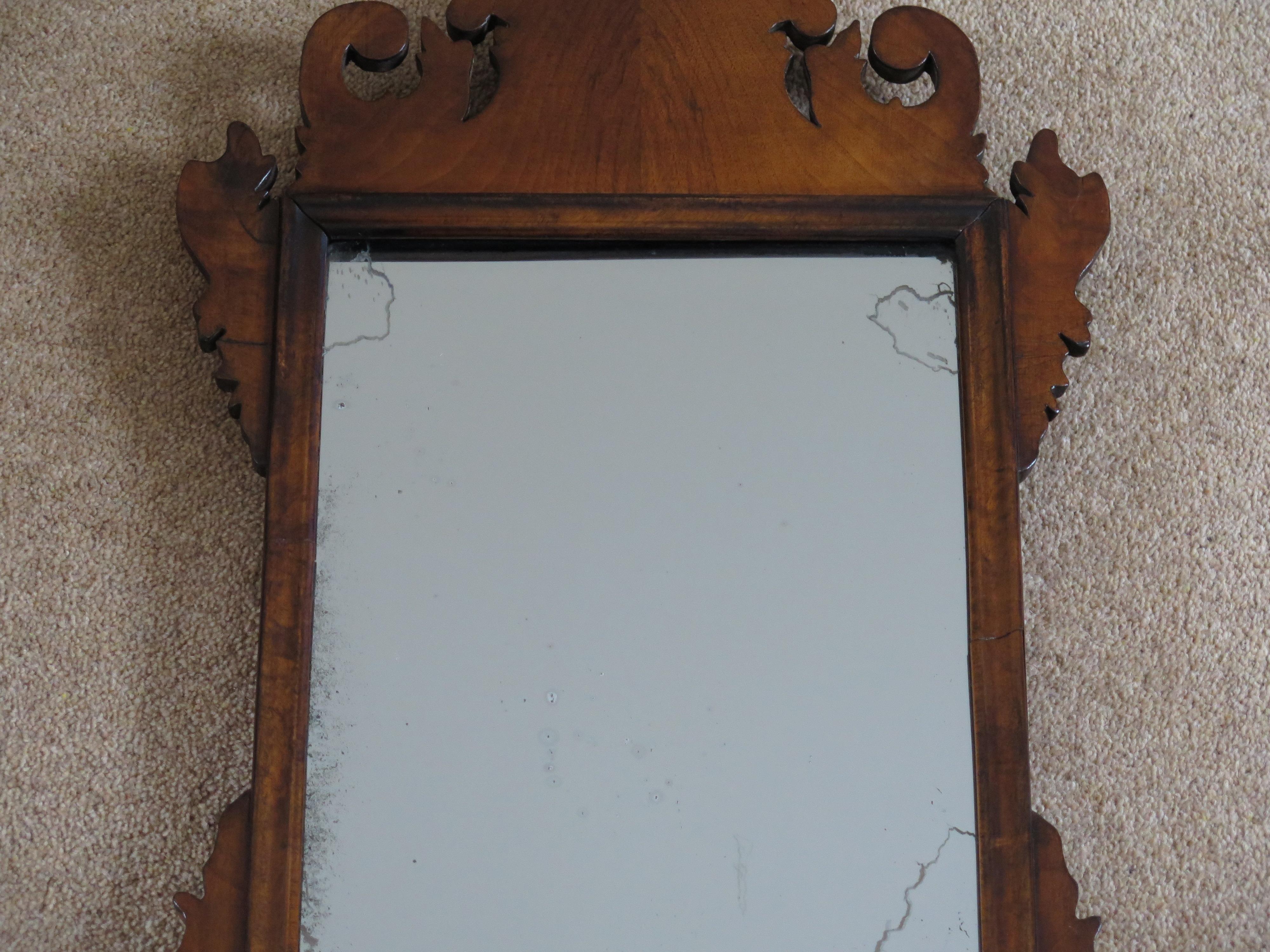 George II English Wall Mirror Walnut Fret Cut with Original Glass, Ca 1750 For Sale 5