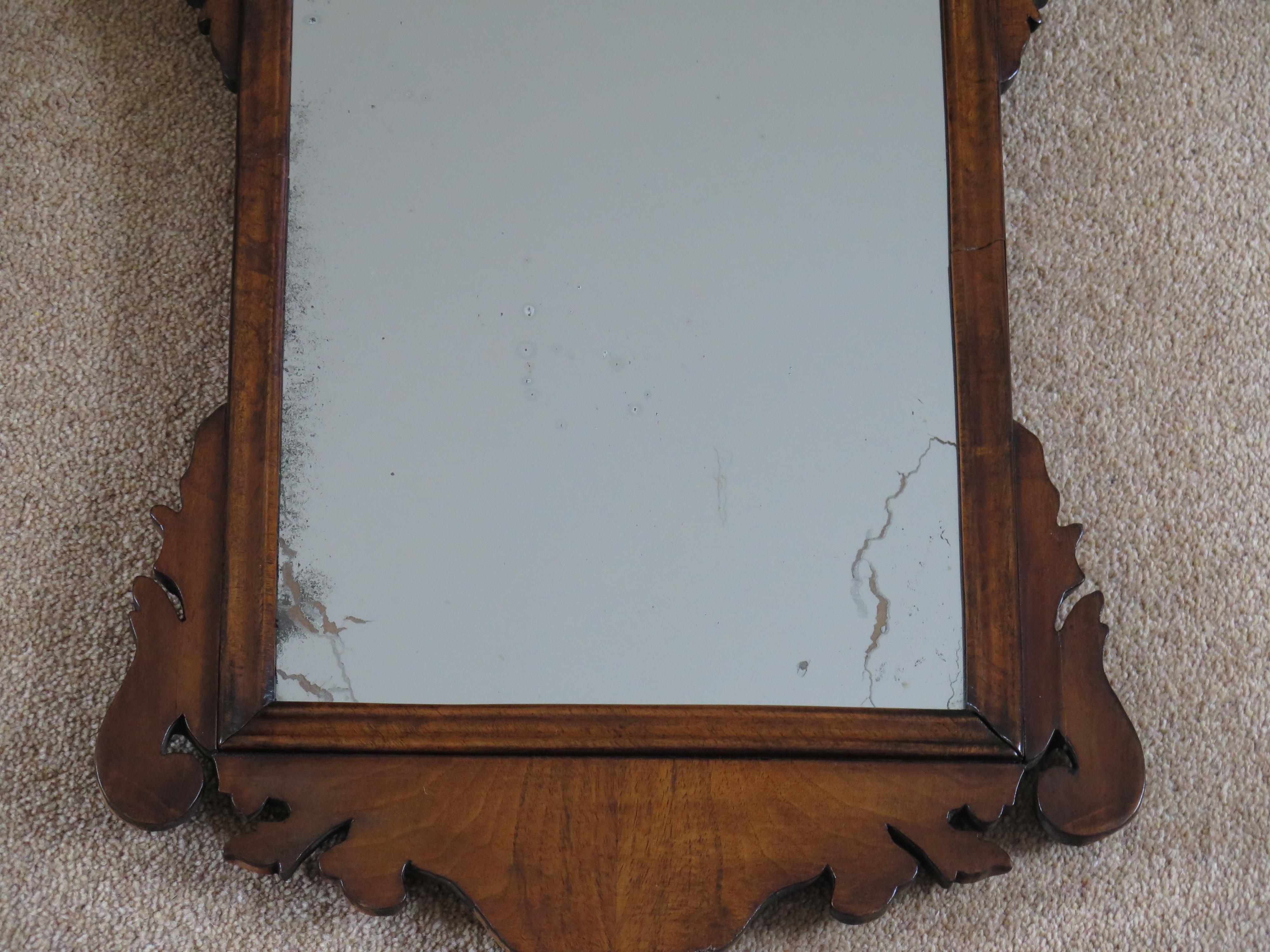 George II English Wall Mirror Walnut Fret Cut with Original Glass, Ca 1750 For Sale 7