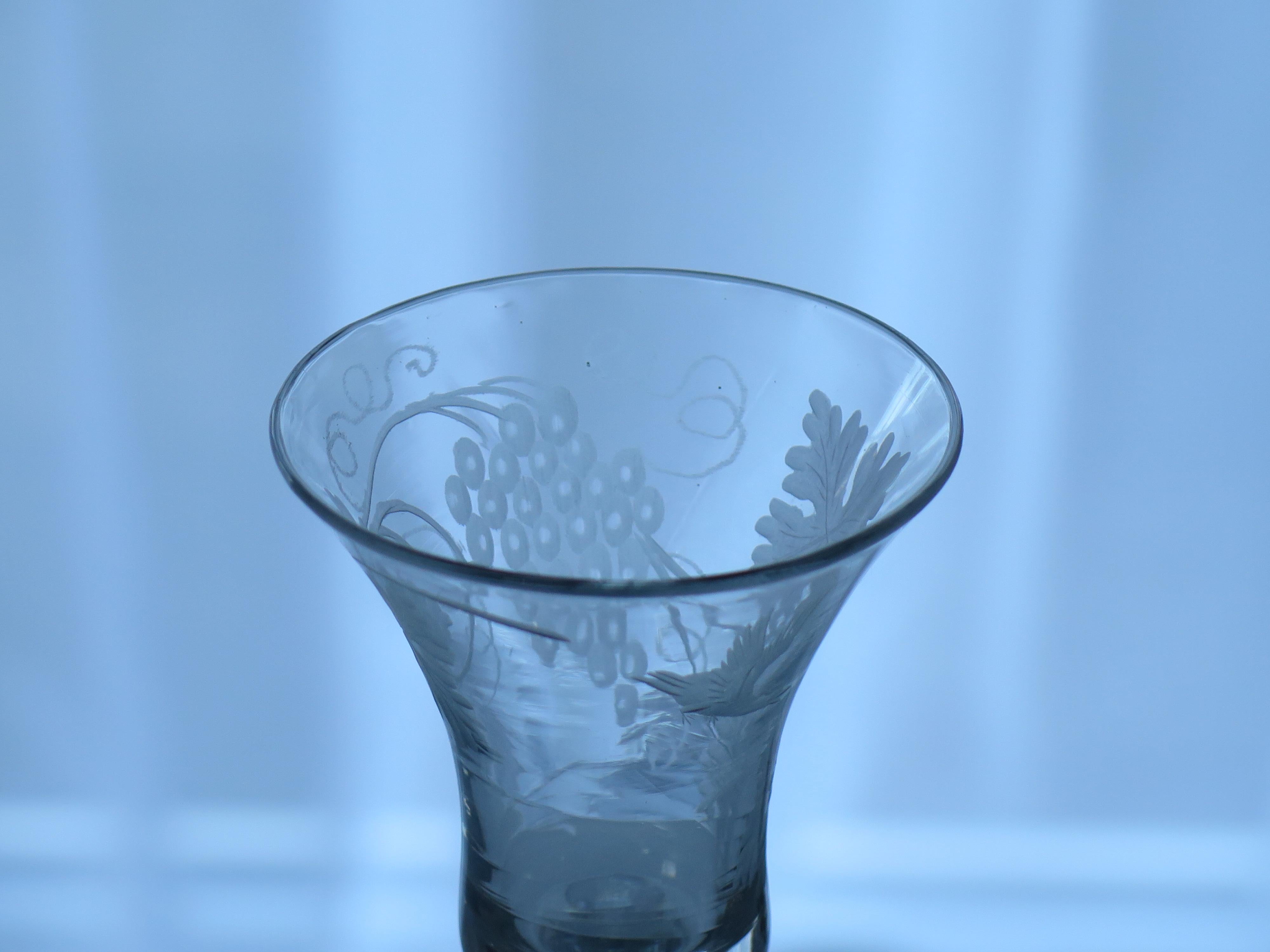George II English Wine Drinking Glass Engraved Bell Bowl Hand Blown, Circa 1745 For Sale 3