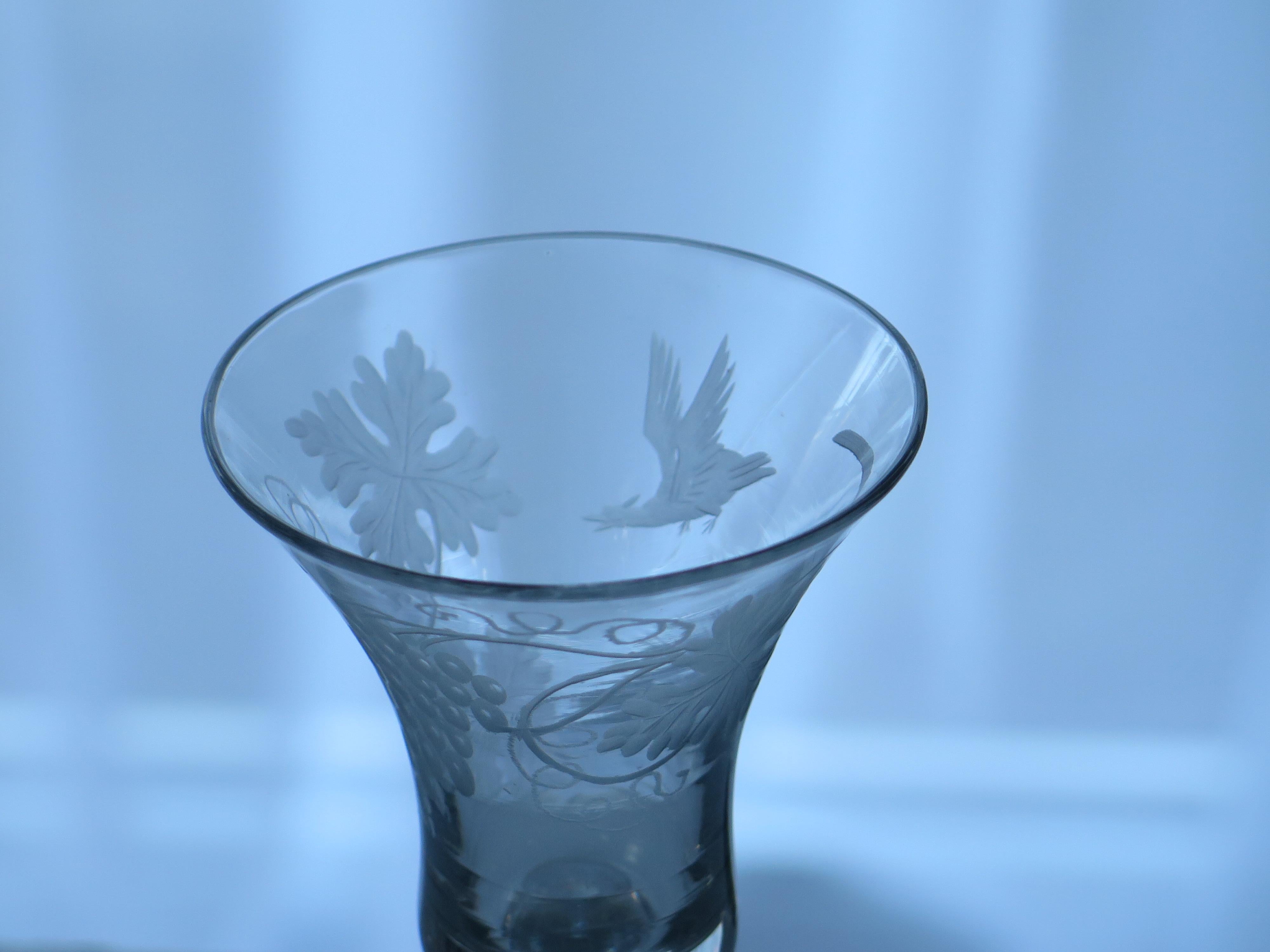 George II English Wine Drinking Glass Engraved Bell Bowl Hand Blown, Circa 1745 For Sale 4