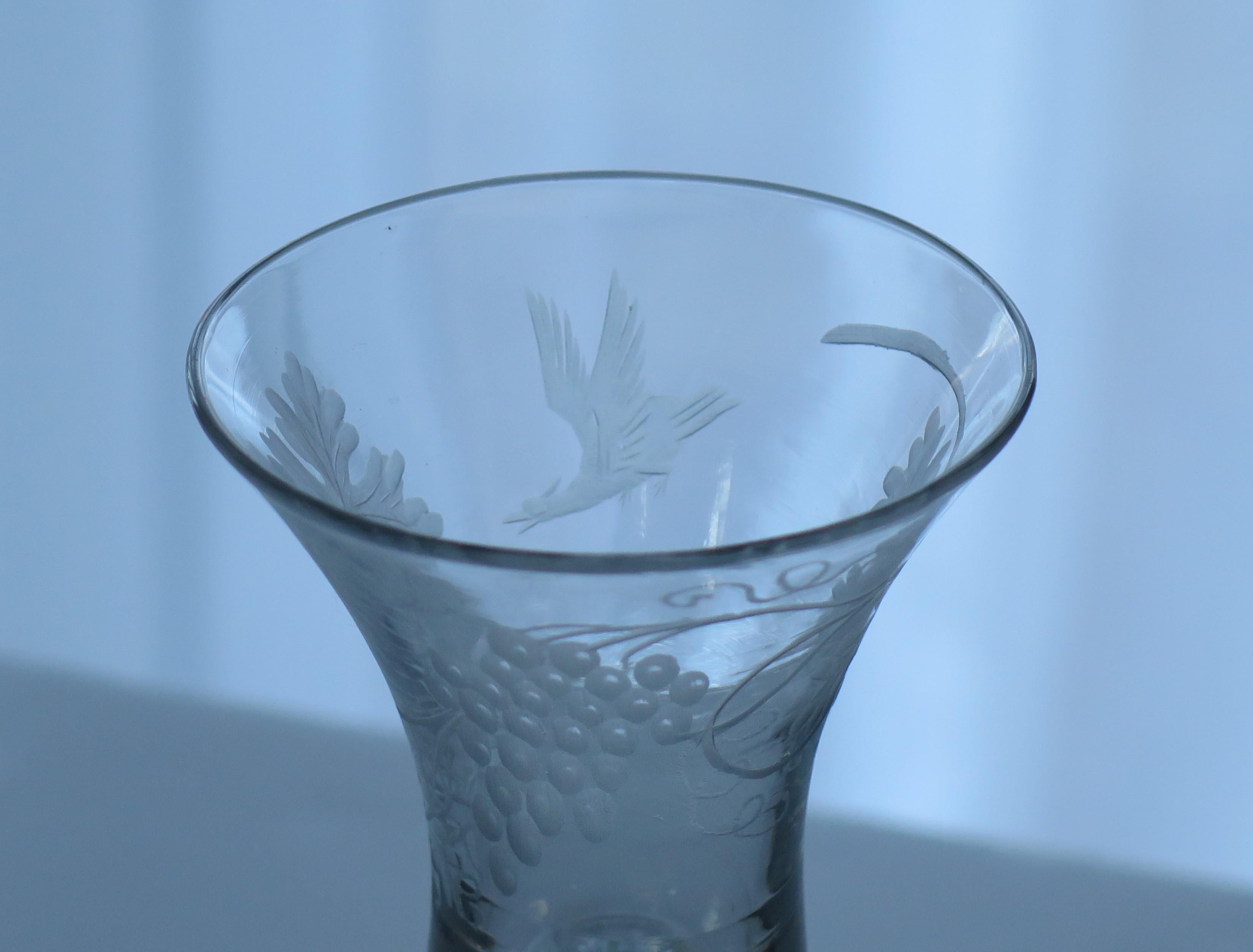 George II English Wine Drinking Glass Engraved Bell Bowl Hand Blown, Circa 1745 For Sale 6