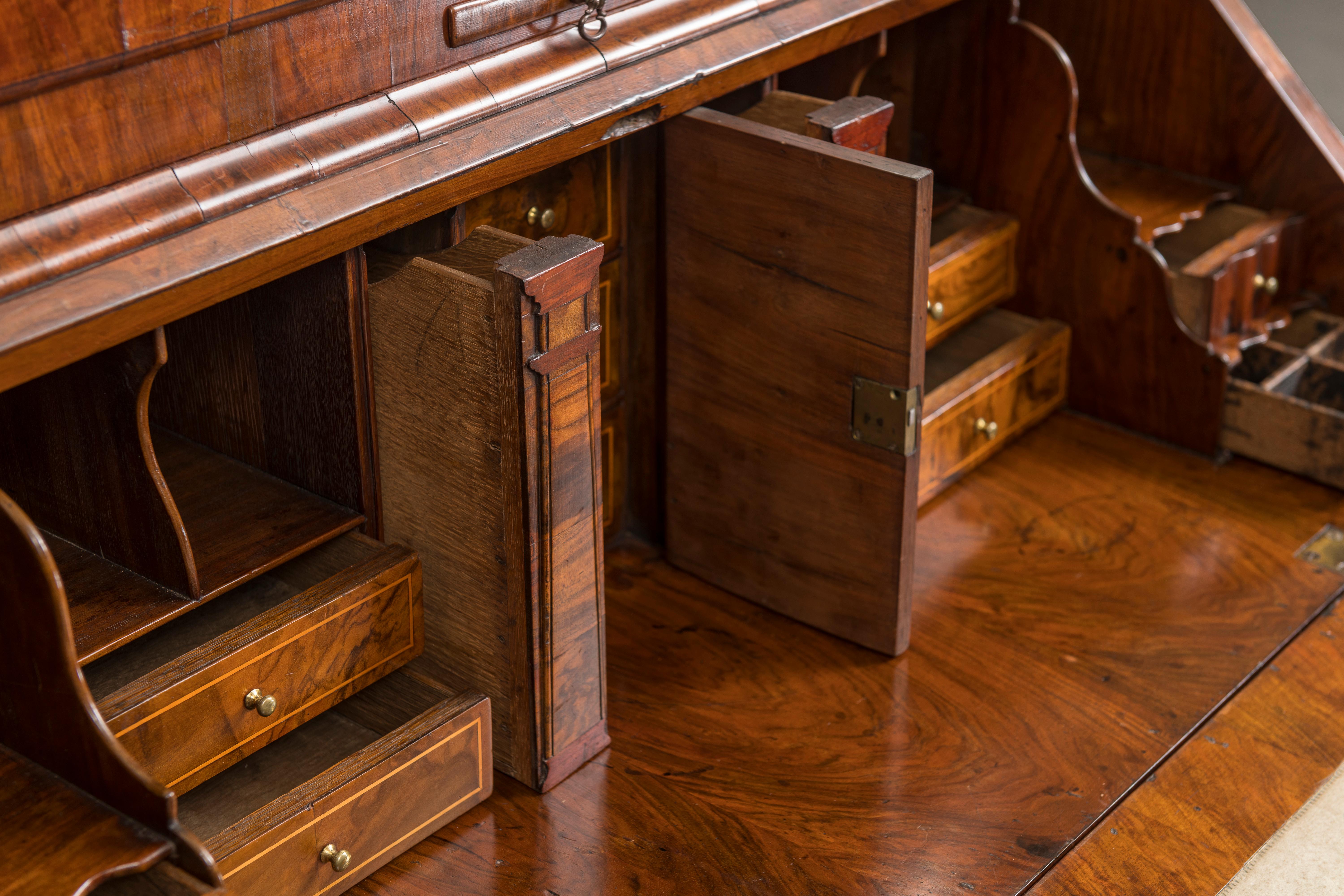 Early 18th Century George II Figured Walnut Secretary Bookcase with Mirrored Doors