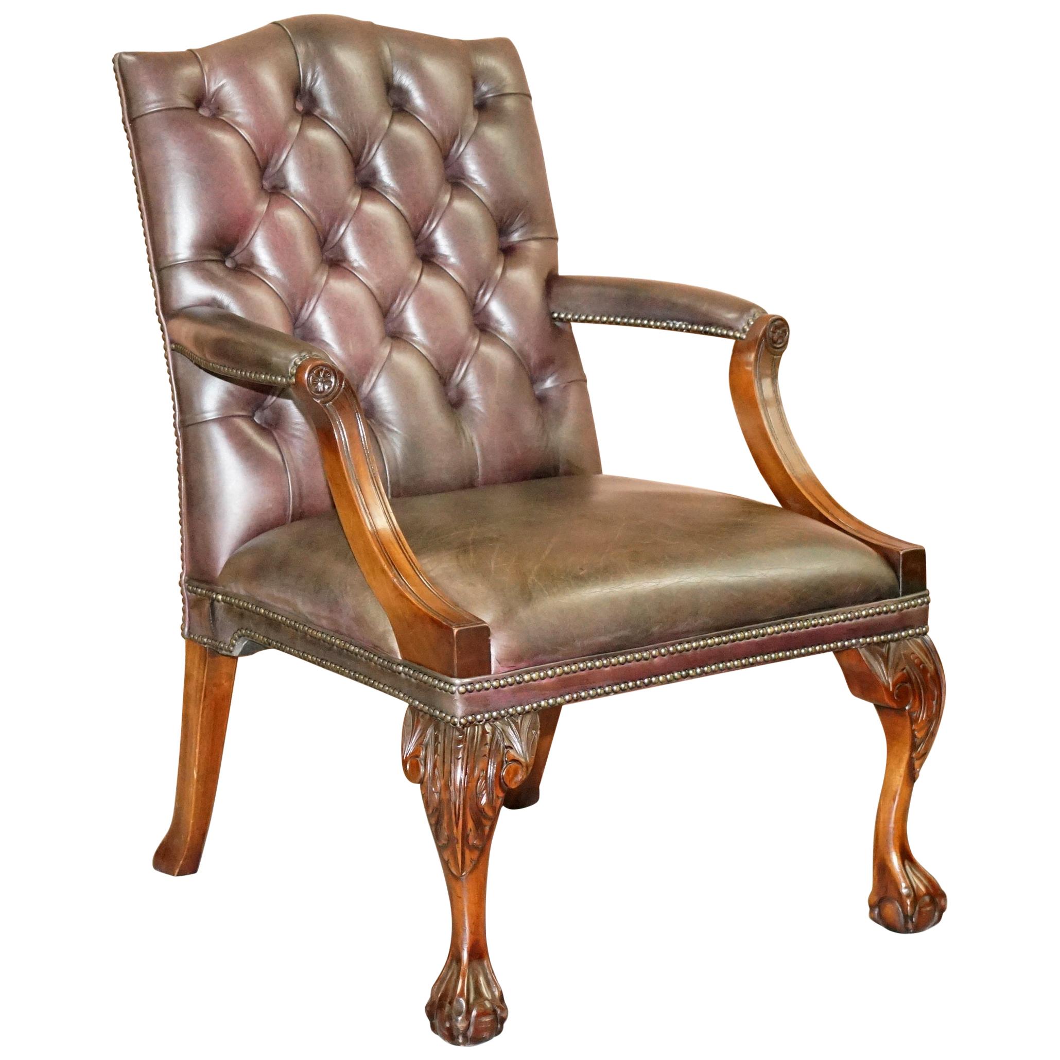 George II Gainsborough Carver Chesterfield Leather Armchair Claw and Ball Feet For Sale