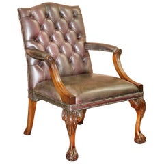 Vintage George II Gainsborough Carver Chesterfield Leather Armchair Claw and Ball Feet