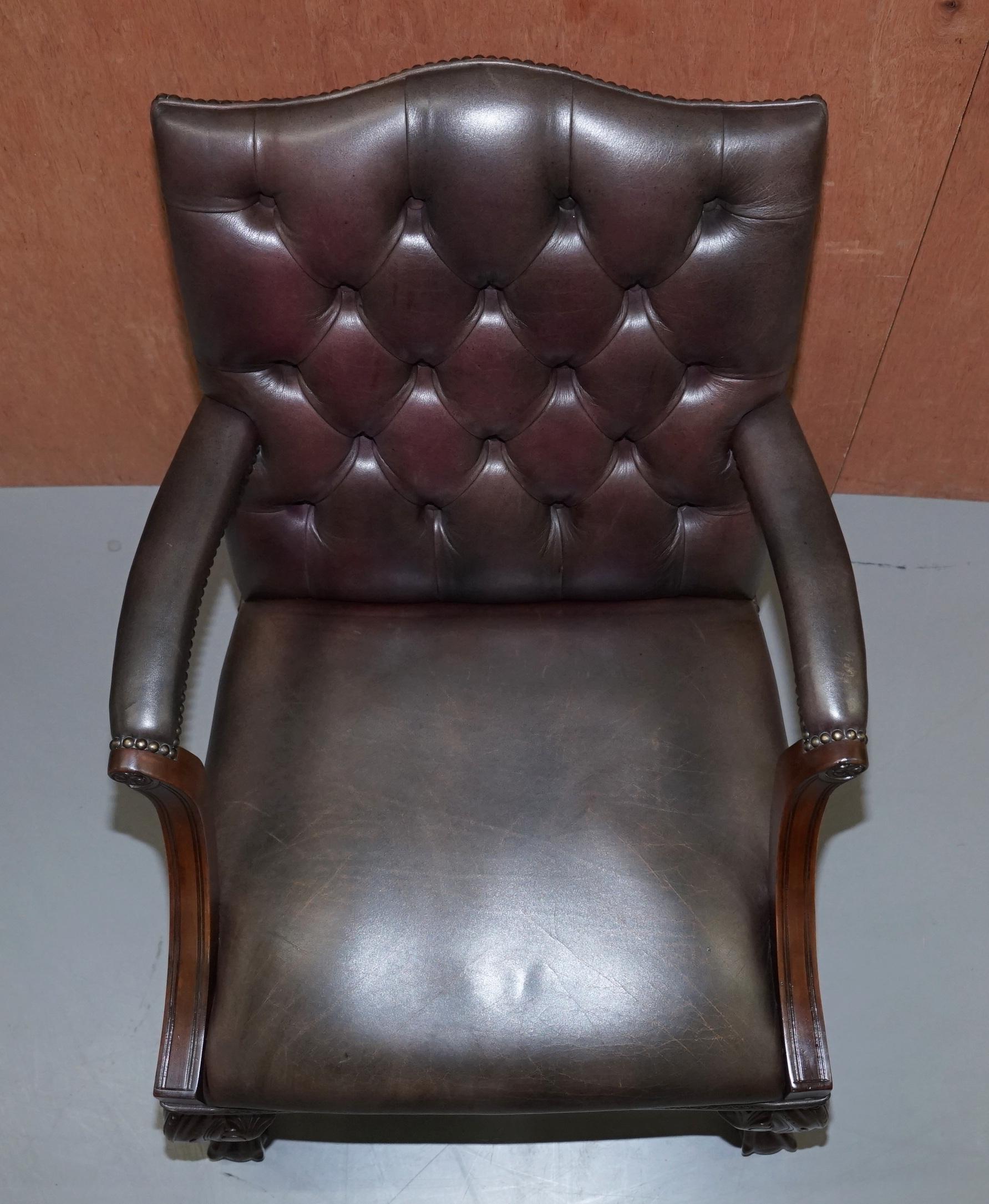 English George II Gainsborough Carver Chesterfield Leather Armchair Claw and Ball Feet For Sale
