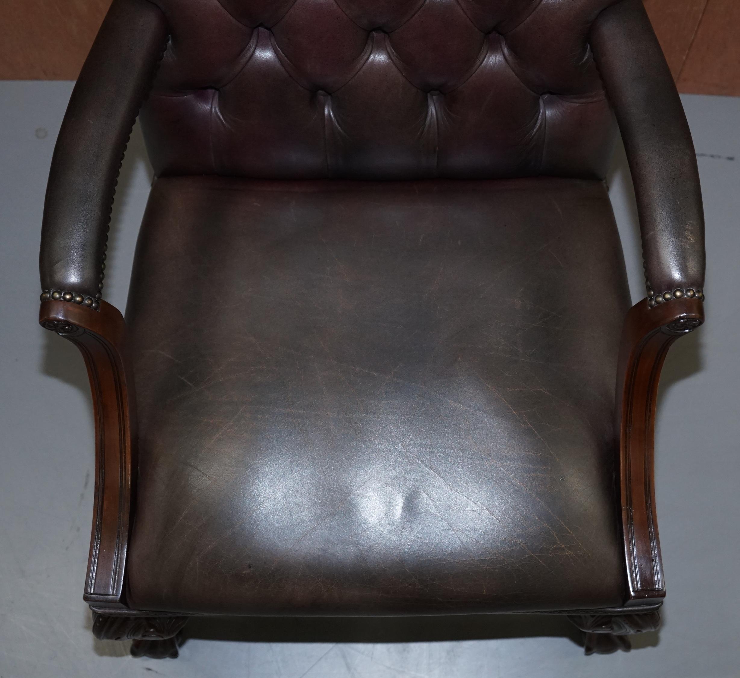 Hand-Carved George II Gainsborough Carver Chesterfield Leather Armchair Claw and Ball Feet For Sale