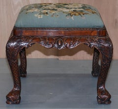 George II Hand Carved Mahogany Floral Embroidered Stool for Dressing Table Piano