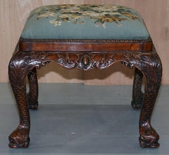 George II Hand Carved Mahogany Floral Embroidered Stool for Dressing Table Piano
